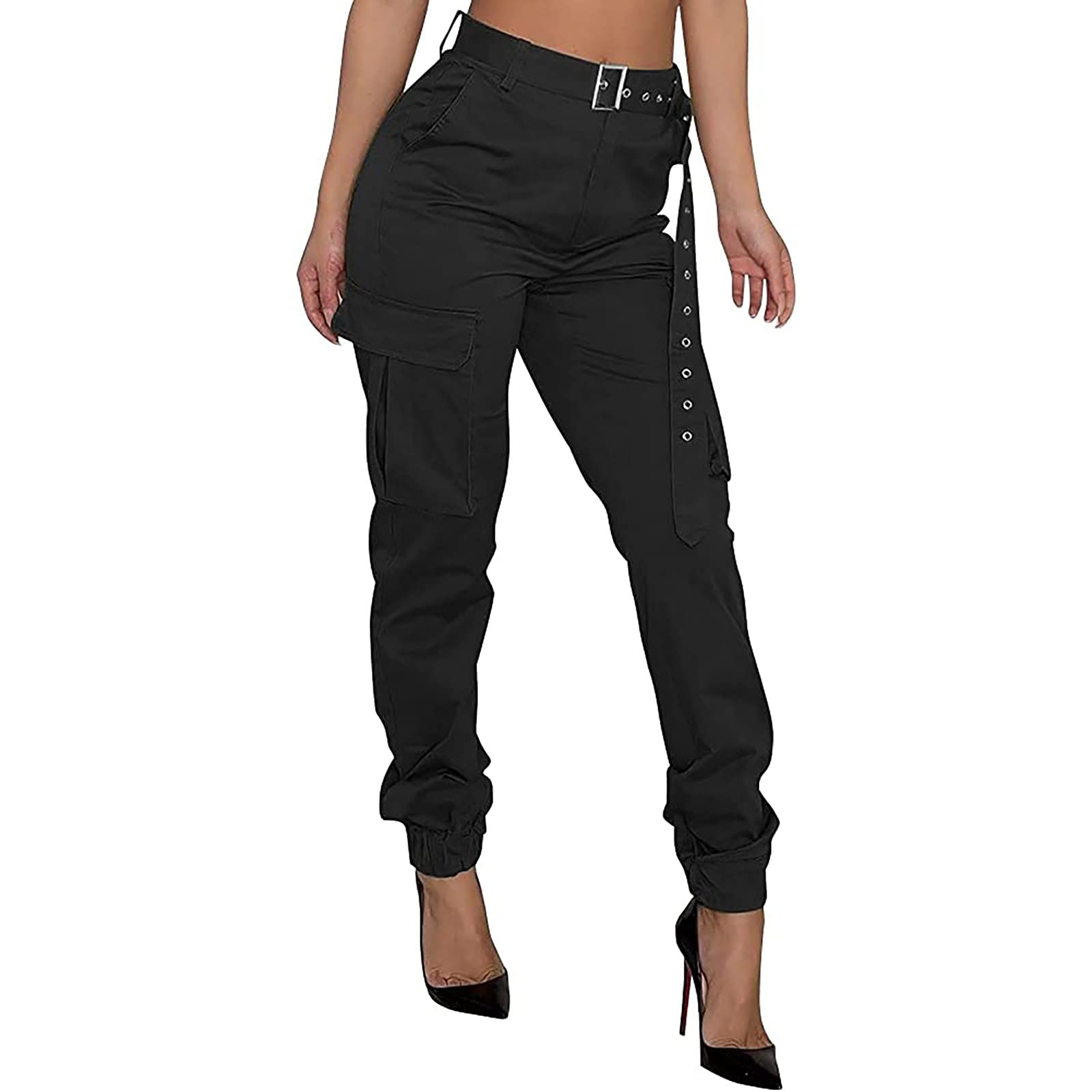 niuwa Women's High Waisted Cargo Pants - Lounge Casual Jogger Sweatpants with Pockets for Travel, Hiking & Everyday Wear | Comfortable Stretch Trousers for Workout, Running Errands & Relaxing