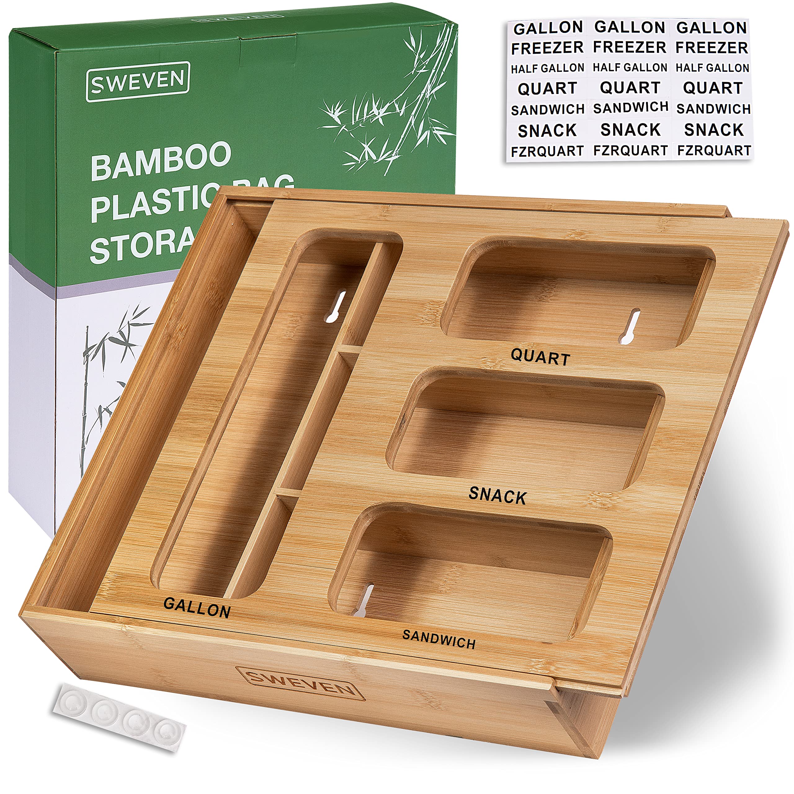 Bamboo Drawer Organizer for Ziplock Bags - Storage Container for Gallon, Quart, Sandwich & Snack Bags - Compatible with Ziploc, Solimo, Glad, Hefty - Perfect for Kitchen, Pantry & Office Organization (1 Piece)