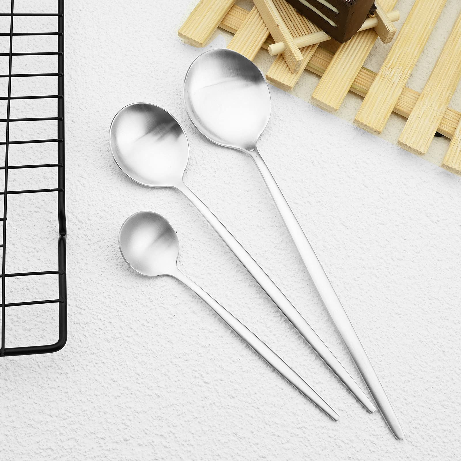 36-Piece Matte Silver Flatware Set - Stainless Steel Satin Finish Silverware with Flat Handle, Service for 6 (Includes Coffee Spoon) - Perfect for Dining, Entertaining & Kitchen Essentials