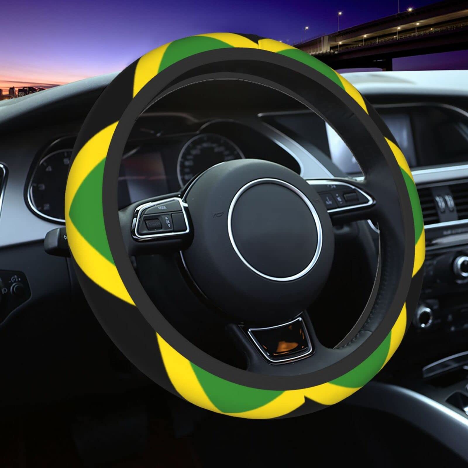Jamaican Flag Steering Wheel Cover - Non-Slip, Durable Universal 15 Inch Car Accessory for Cars, Trucks & SUVs - Perfect for Caribbean Pride, Car Shows & Road Trips