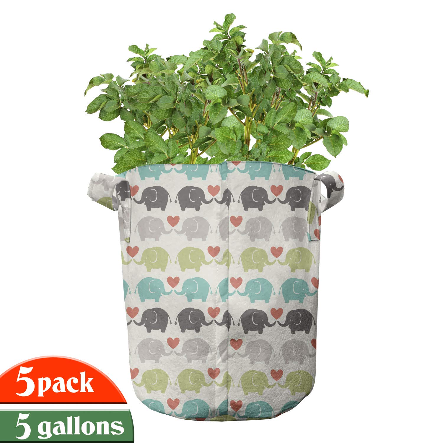 Ambesonne 5-Pack Heavy Duty Fabric Grow Bags with Handles - Cartoon Elephant Design Plant Pots for Indoor/Outdoor Gardening, Vegetables, Flowers & Herbs | Durable, Multicolor & Easy to Use