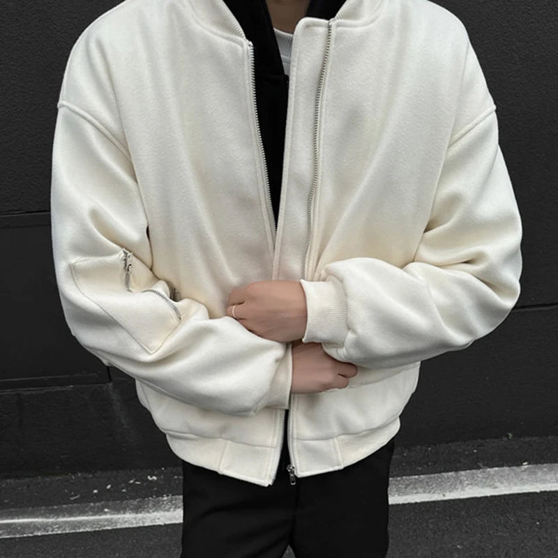 American Style Men's Jacket with Back Embroidery - Round Collar Zipper Patchwork Wool Coat for Winter | Loose Fit Casual Outerwear for Men | Perfect for Outdoor Activities, Daily Wear & Cold Weather