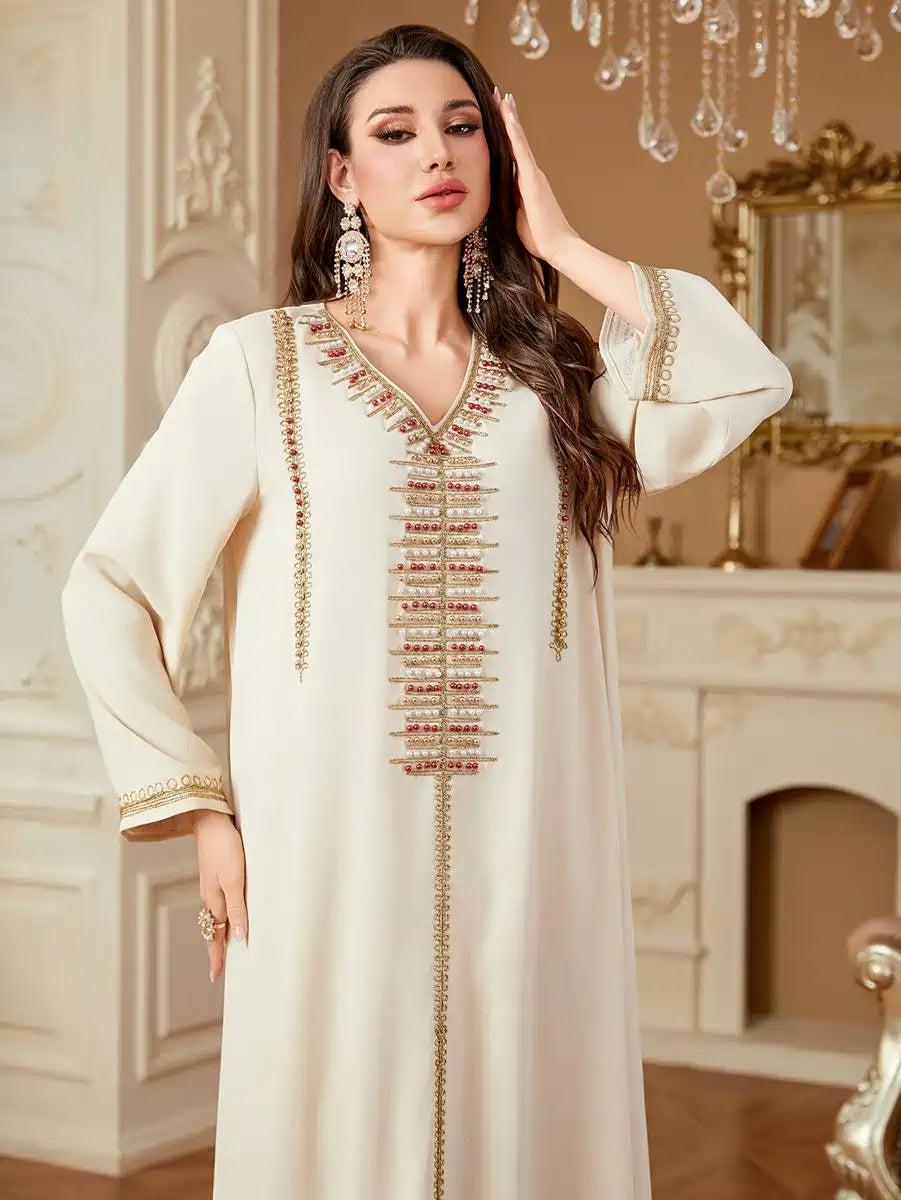 Elegant Beaded Embroidery Arab Eid Caftan Dress for Women - Perfect for Eid Celebrations, Weddings & Special Occasions