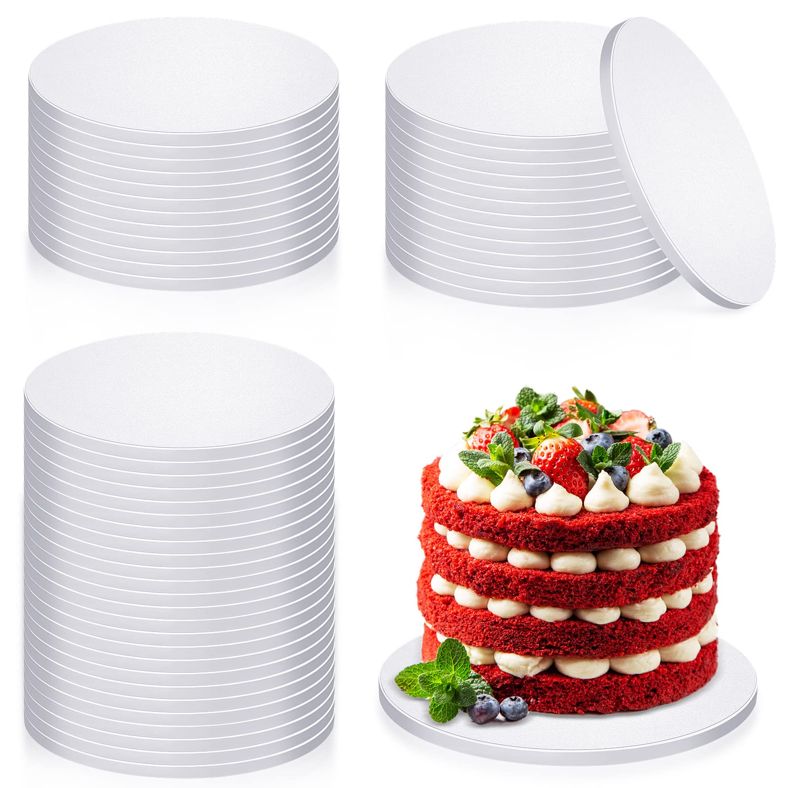 Bokon 50-Pack 10-Inch White Round Cake Drums - 1/2 Inch Thick Corrugated Cardboard Cake Boards with Smooth Straight Edges - Disposable Cake Stands for Birthday Parties, Weddings & Professional Baking