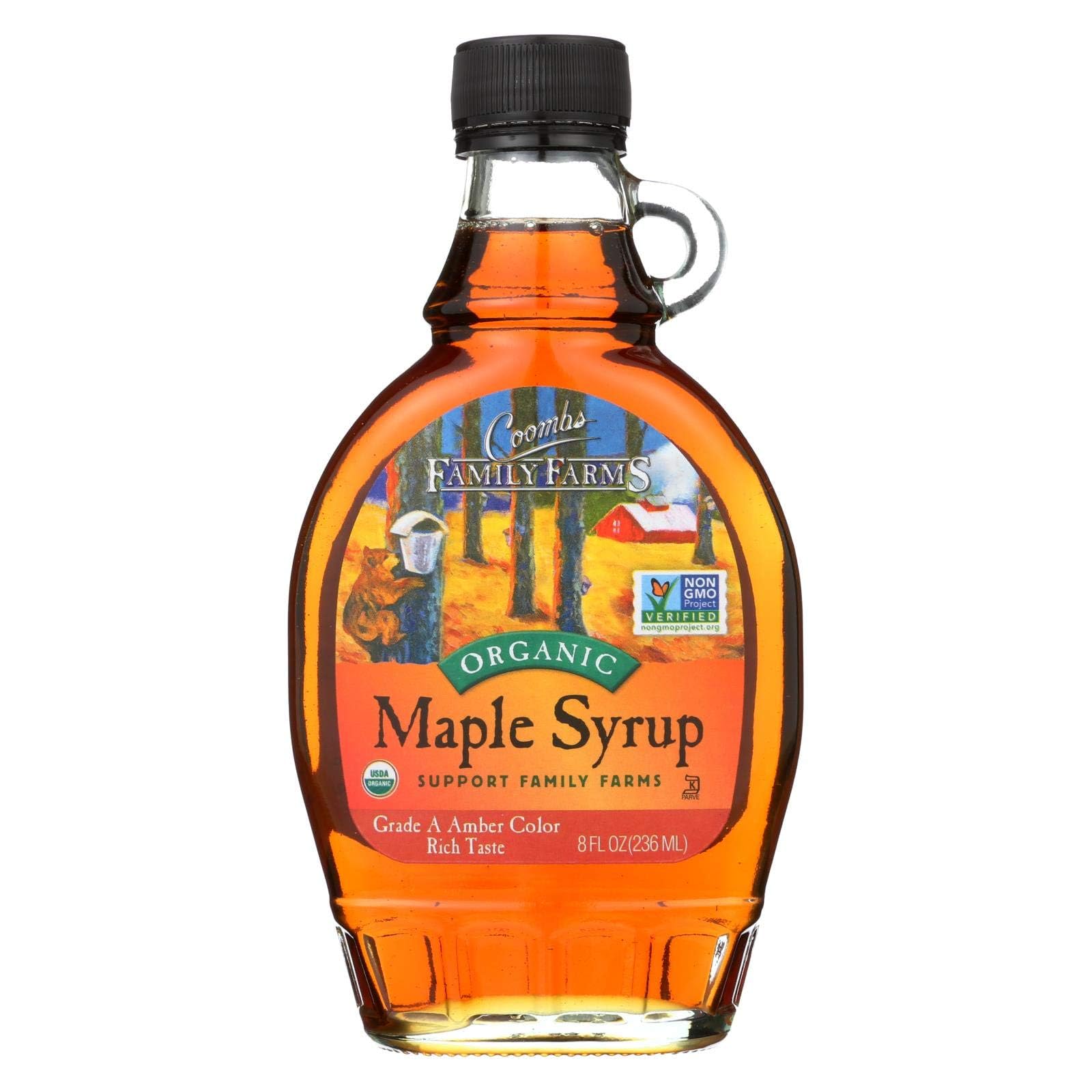 Organic Grade A Dark Amber Pure Maple Syrup - 8 oz Glass Bottle (Pack of 12) | Coombs Family Farms | Perfect for Pancakes, Waffles, French Toast & Baking