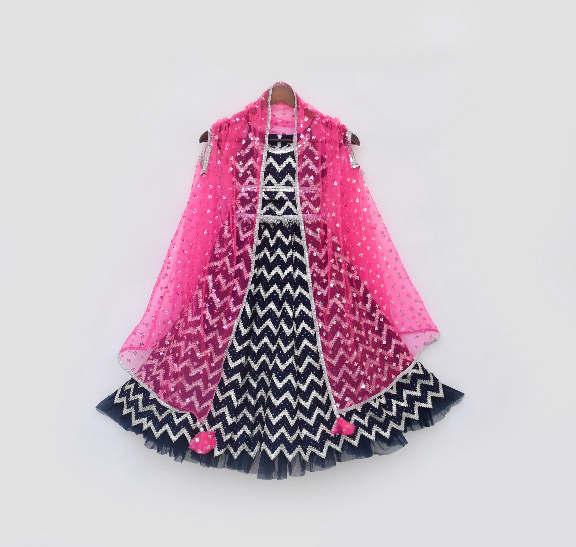 Pre Order: Hot Pink Cape with Dark Blue Lehenga Choli - Elegant Indian Bridal Outfit for Weddings & Festive Occasions