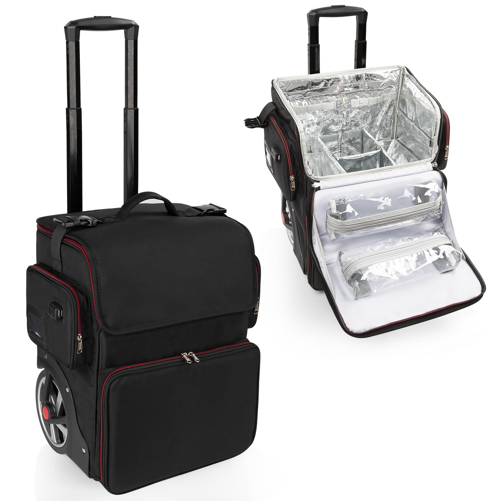Professional Large Makeup Train Case for Hairstylists & Cosmetologists - Heat Resistant Cosmetic Organizer with Detachable Pouch & Wheels - Perfect for Salon, Travel, and Mobile Hairdressing Services