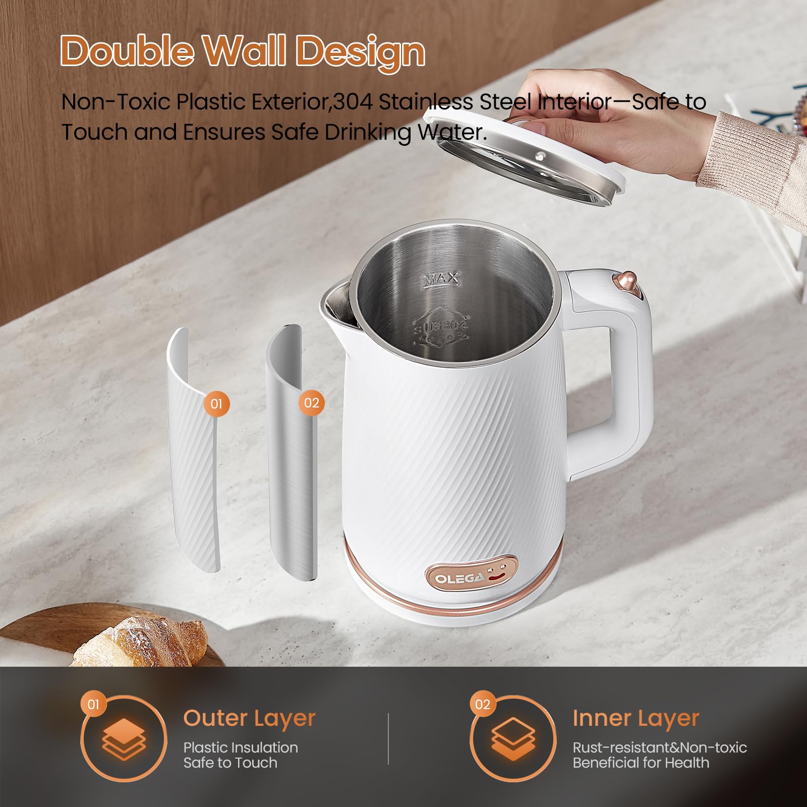 OLEGA 1500W Electric Kettle - 1.8L Stainless Steel Fast Boiling Water Kettle with Auto Shut Off & Boil-Dry Protection - Perfect for Coffee, Tea, and Instant Noodles - Ideal for Home, Office, and Dorm Use