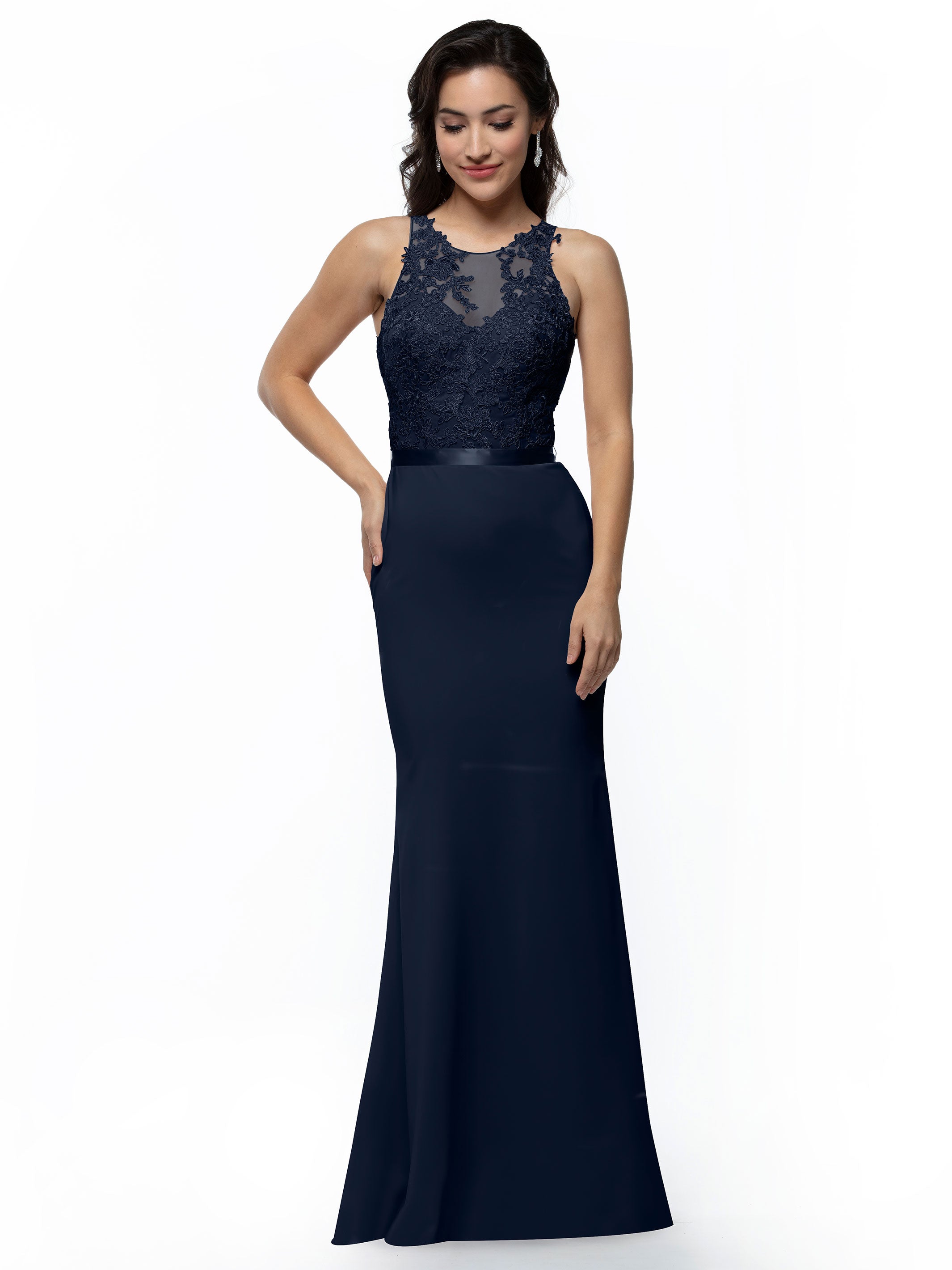 Elegant 80095 Stretch Chiffon Fit and Flare Bridesmaid Dress with Lace Illusion Bodice - Perfect for Weddings, Formal Events & Special Occasions