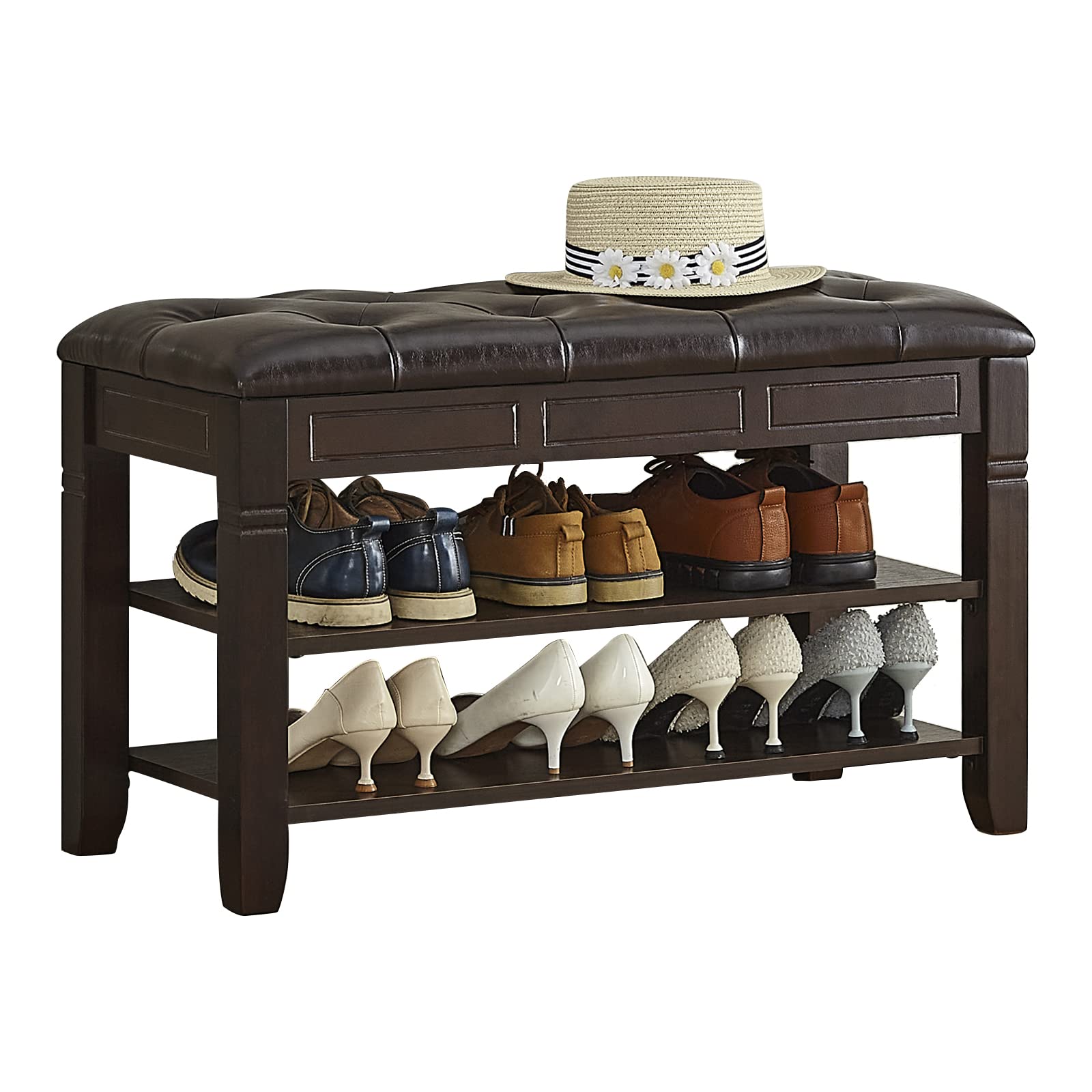 LKZ Solid Wood Shoe Storage Bench with Leather Seat - 31.5