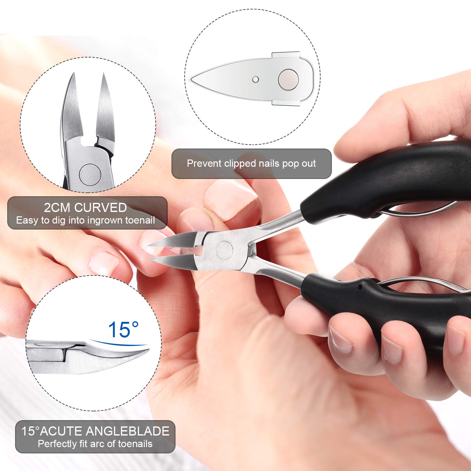 15-Piece Stainless Steel Ingrown Toenail Care Kit - Professional Nail Clippers, Cuticle Trimmers, Toenail Lifter & File for Ingrown & Thick Nails - Perfect for Home Pedicure & Manicure (Black)