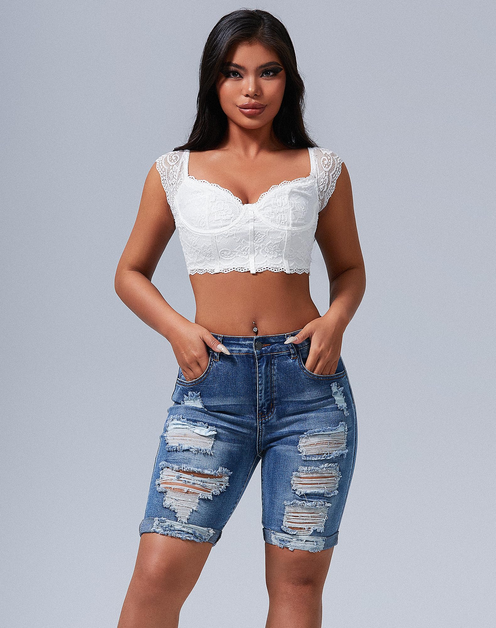 Roswear Women's Ripped Denim Bermuda Shorts - Stretchy Mid Rise Destroyed Jeans for Casual Wear & Summer Outfits