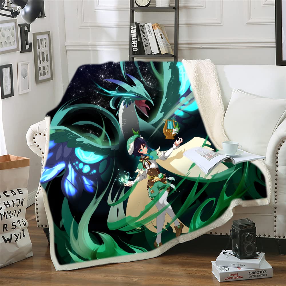 Totots Venti Anime Printed Blanket - Soft Polyester Square Throw for Genshin Impact Fans | Skin-Friendly Flannel Sofa & Bed Blanket for AC Comfort | Perfect for Anime Lovers, Gaming Rooms & Cozy Home Decor