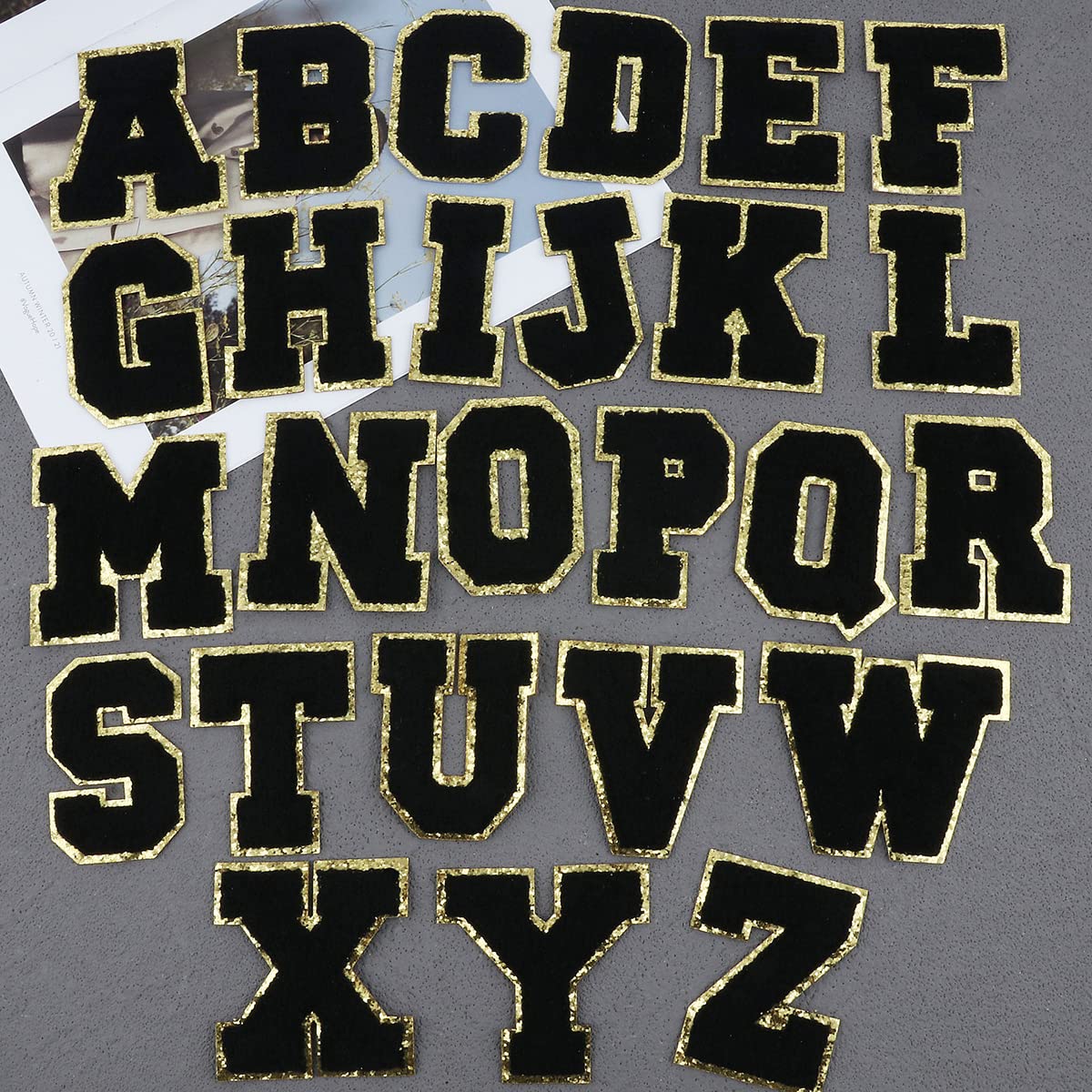 **A-Z Chenille Embroidered Letter Patches with Gold Sequins Edge - 26PCS Iron On & Sew On Alphabet Appliques for Hats, Jackets, Shirts, Vests, Jeans - Perfect for DIY Customization, Fashion Repair & Personalized Gifts (Black)**