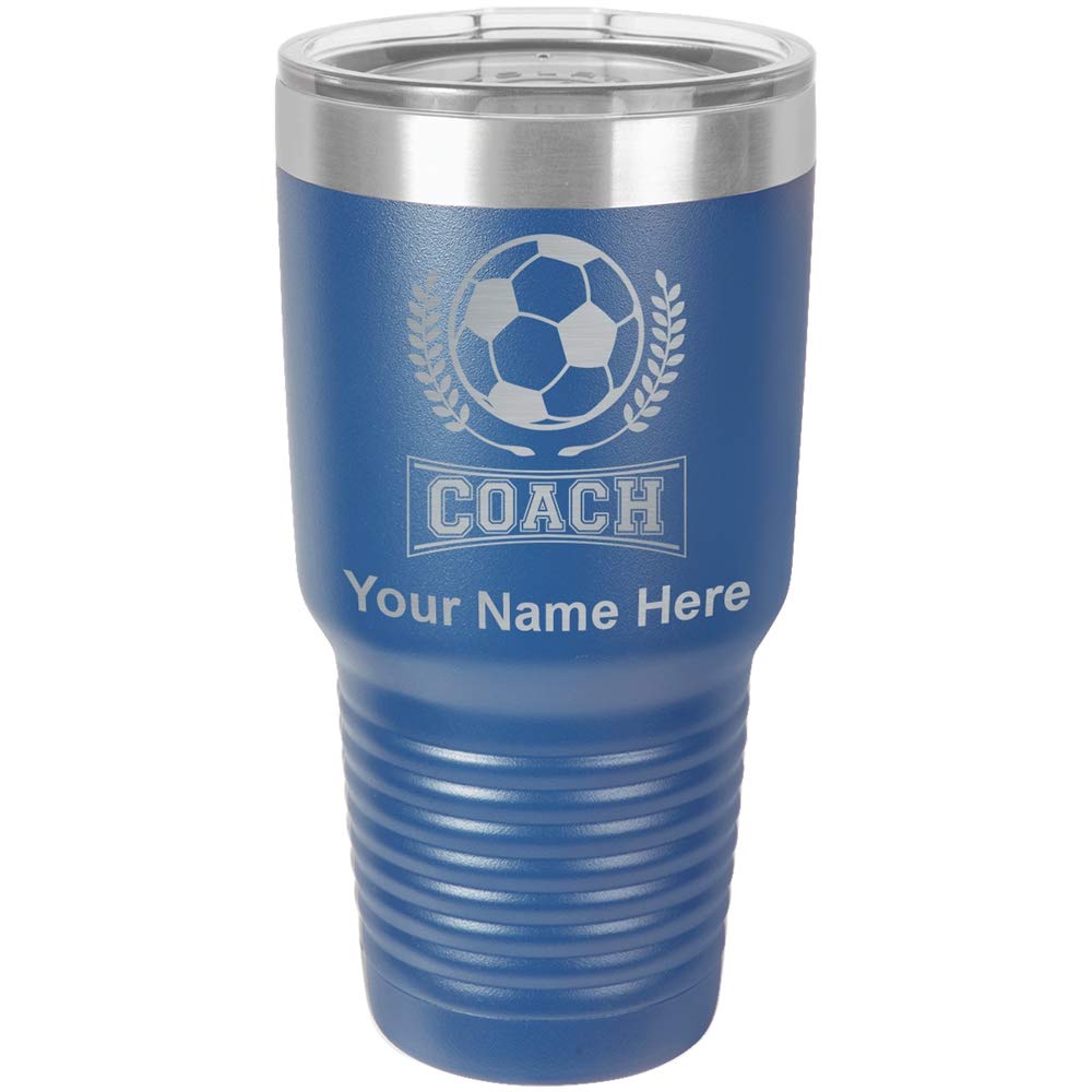 LaserGram 30oz Vacuum Insulated Stainless Steel Tumbler Mug with Personalized Engraving - Perfect Gift for Soccer Coaches, Athletes & Sports Fans (Dark Blue) - Ideal for Coffee, Tea, Cold Drinks at Games, Practice & Outdoor Activities