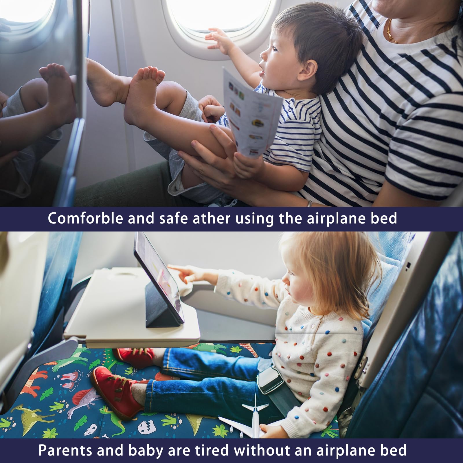 Portable Airplane Bed for Kids - Toddler Airplane Seat Extender, Comfortable Travel Bed for Boys & Girls, Soft Inflatable Airplane Cushion (Cool Dinosaur Design) - Perfect for Long Flights, Road Trips & Nap Time