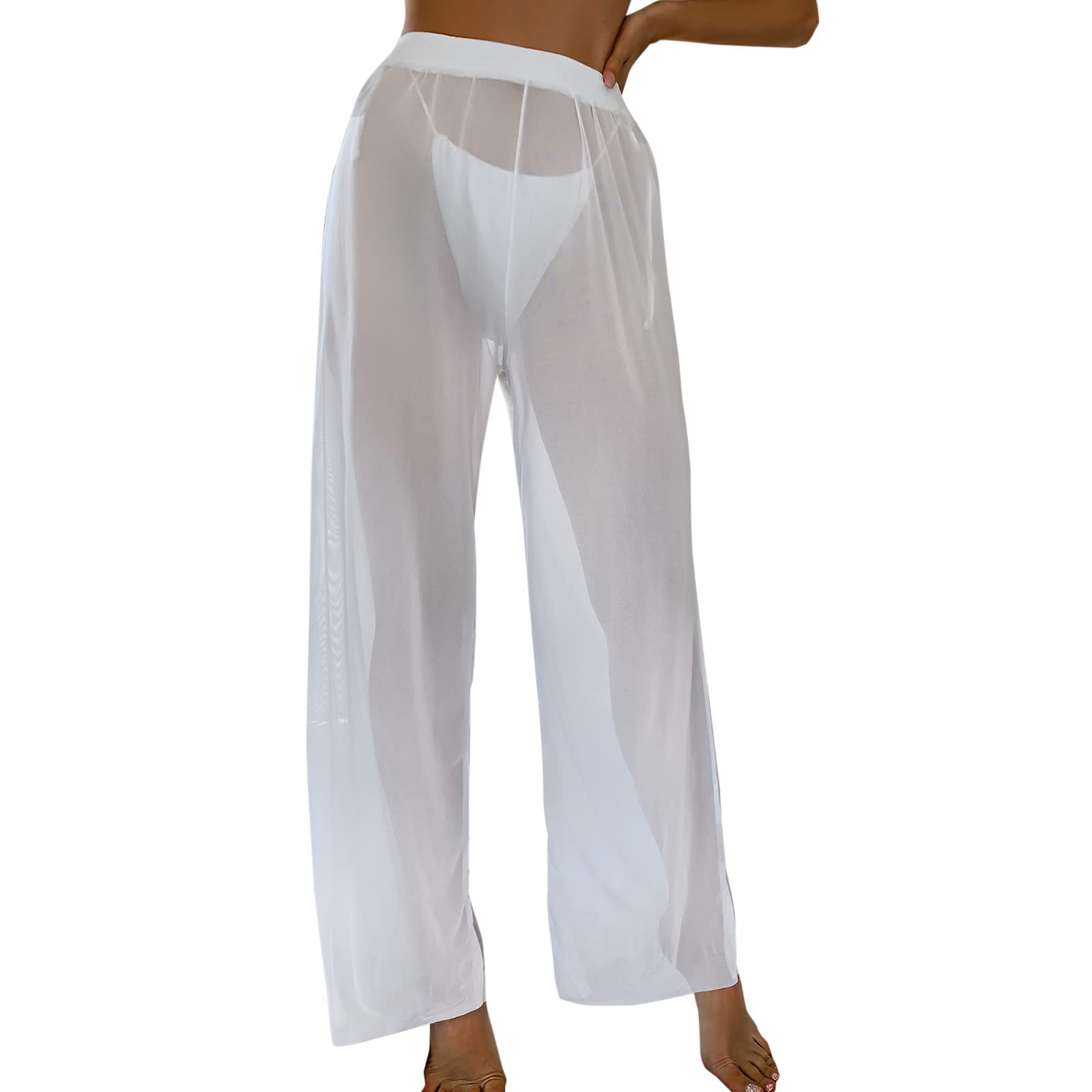 MOMFEI Women's Mesh Ruffle Trim Cover Up Pants - Beach Wrap, Bikini Cover, Swimwear Shorts for Pool, Vacation & Summer Outfits (White, XL)