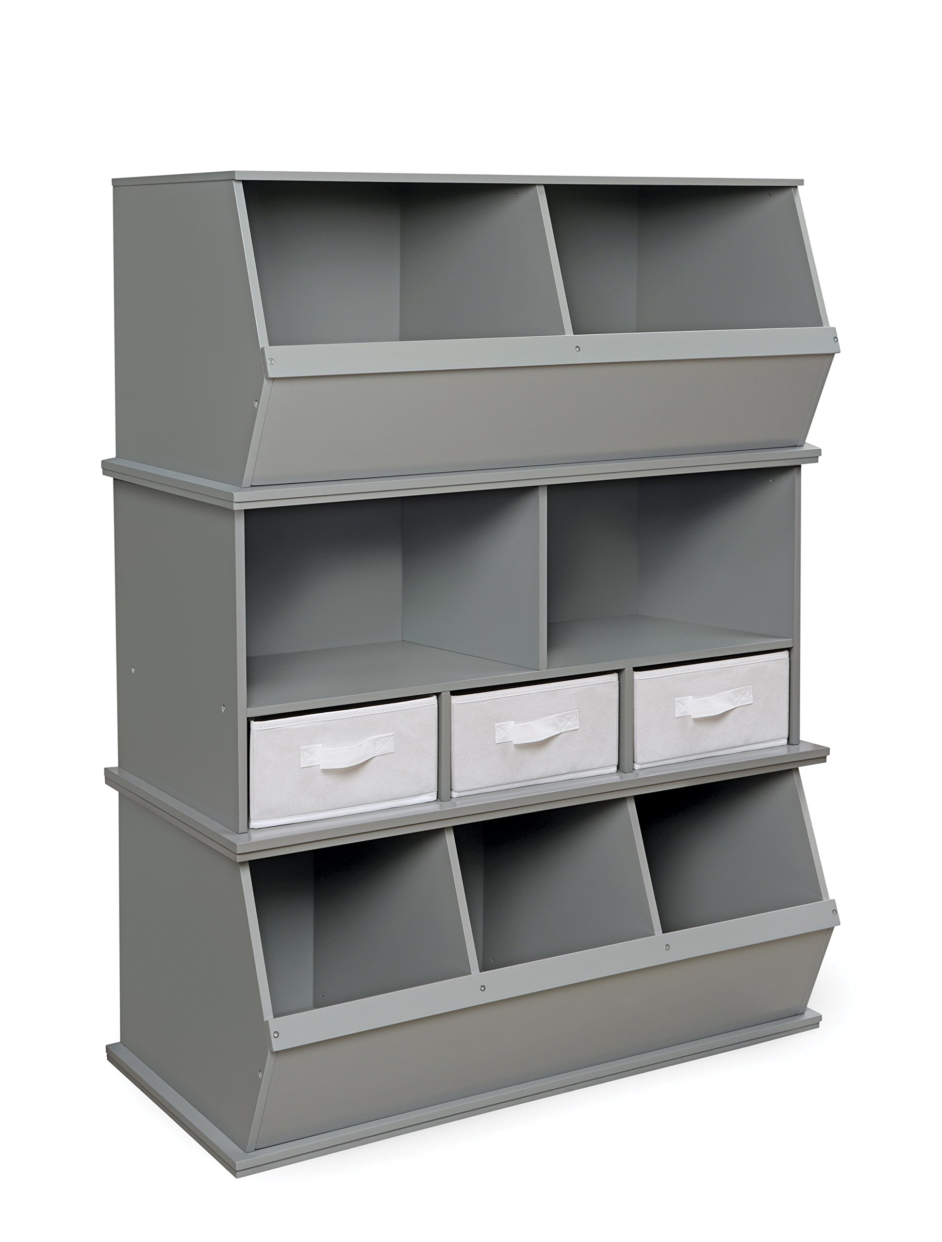 Badger Basket 5-Shelf Stackable Toy Storage Organizer with 3 Fabric Bins - Gray | Kids Room Organization & Playroom Storage Solution