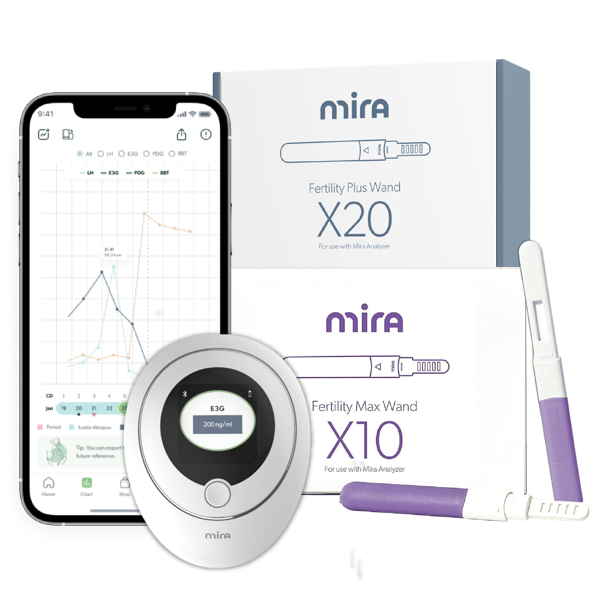 Mira Max and Plus Starter Kit Bundle with Mira Analyzer - 10 Max Wands & 20 Plus Wands for Tracking 3 Fertility Hormones | Monitor Ovulation & Fertility Window | Perfect for Women Trying to Conceive or Natural Birth Control