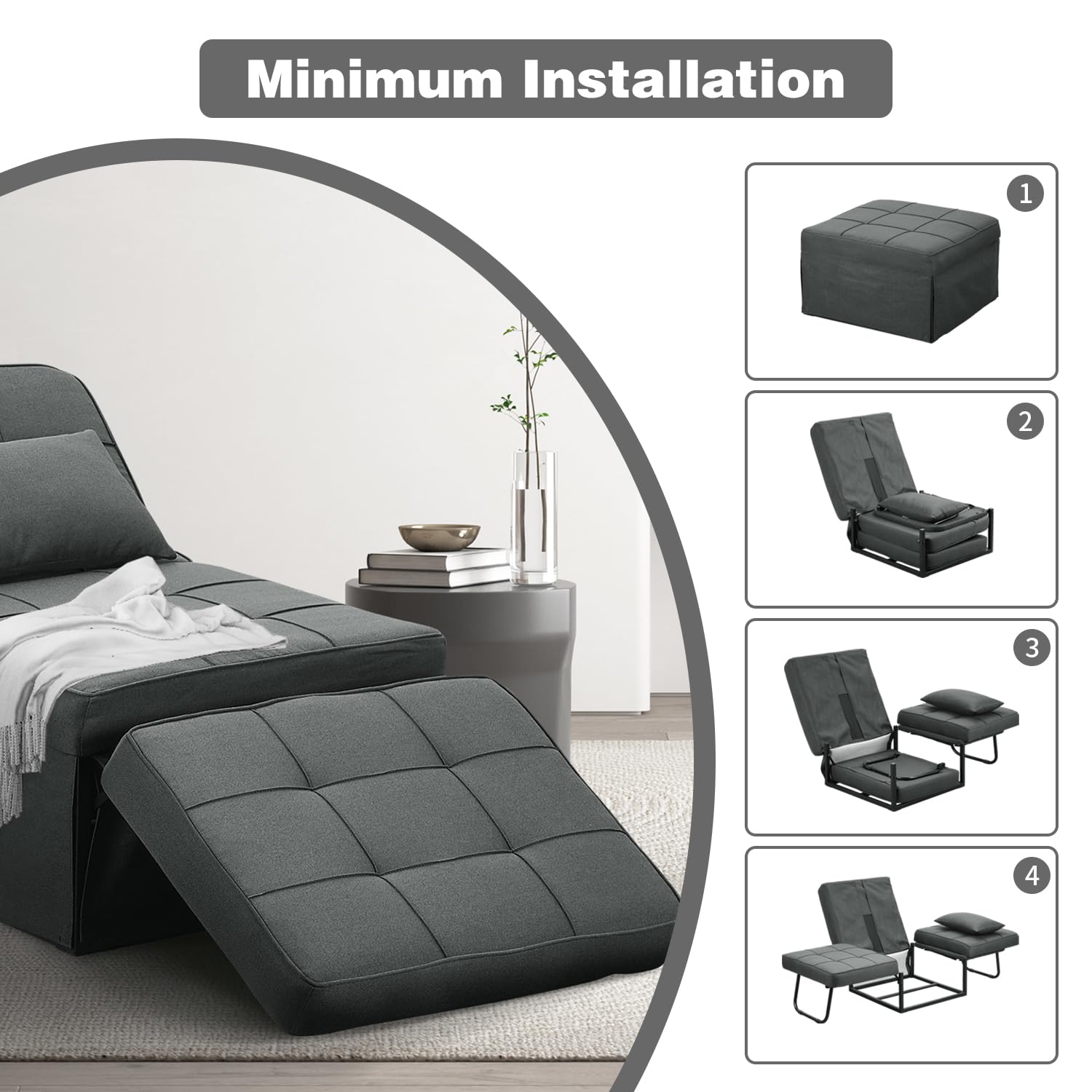 Ainfox 4-in-1 Convertible Sofa Bed - Multi-Functional Folding Ottoman Guest Bed with Adjustable Backrest, Modern Futon Couch for Small Spaces - No Assembly Required (Dark Grey) | Perfect for Living Rooms, Apartments, Offices & Studio Spaces