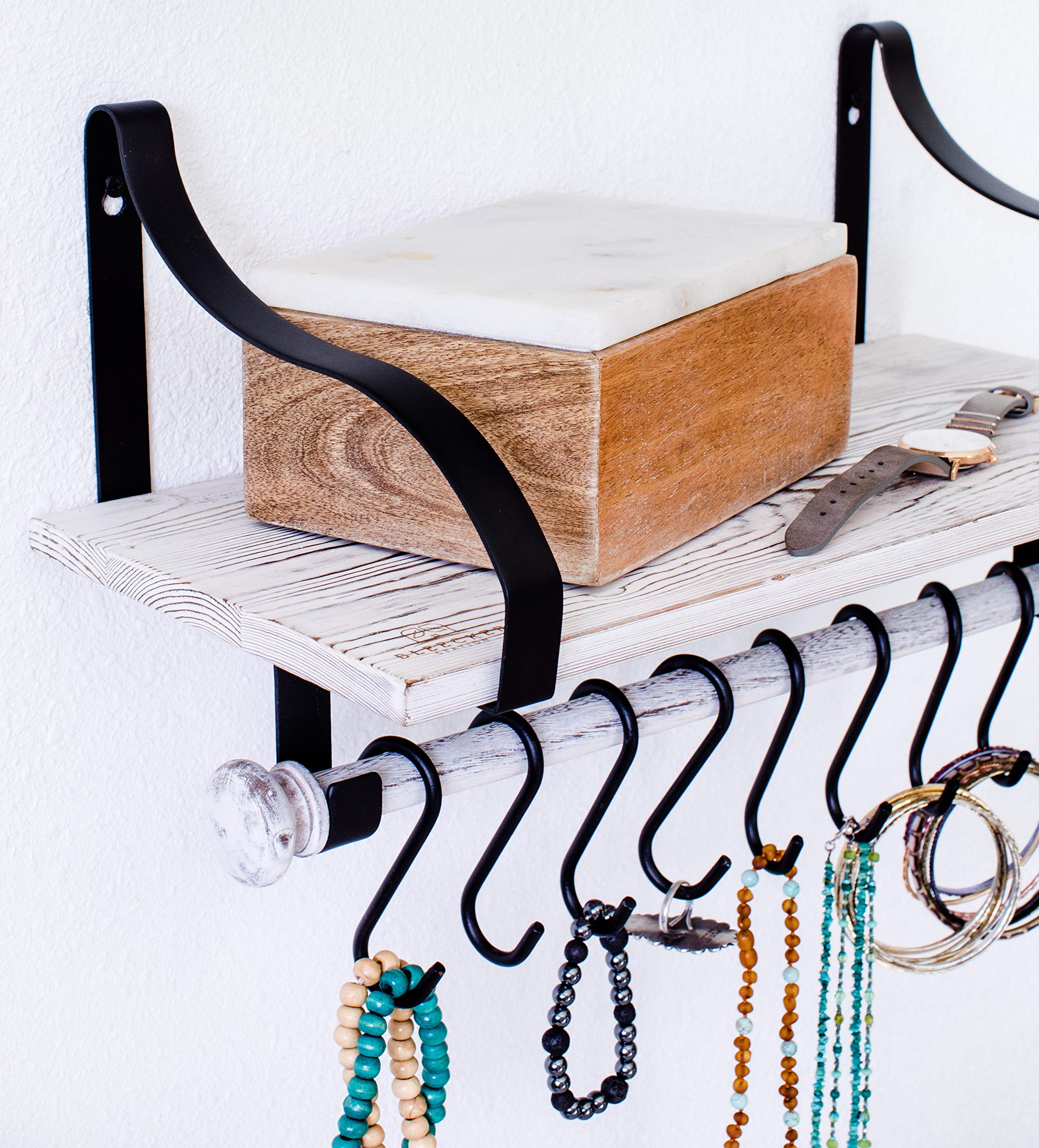 Rustic Solid Wood Wall Mounted Floating Spice Shelf with Towel Bar & Removable Hooks - 16.75
