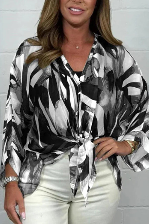 Unique Printed Long Sleeve V-Neck Chiffon Blouse - Elegant Loose Fit Tops for Women | Perfect for Office Wear, Casual Outings & Special Occasions