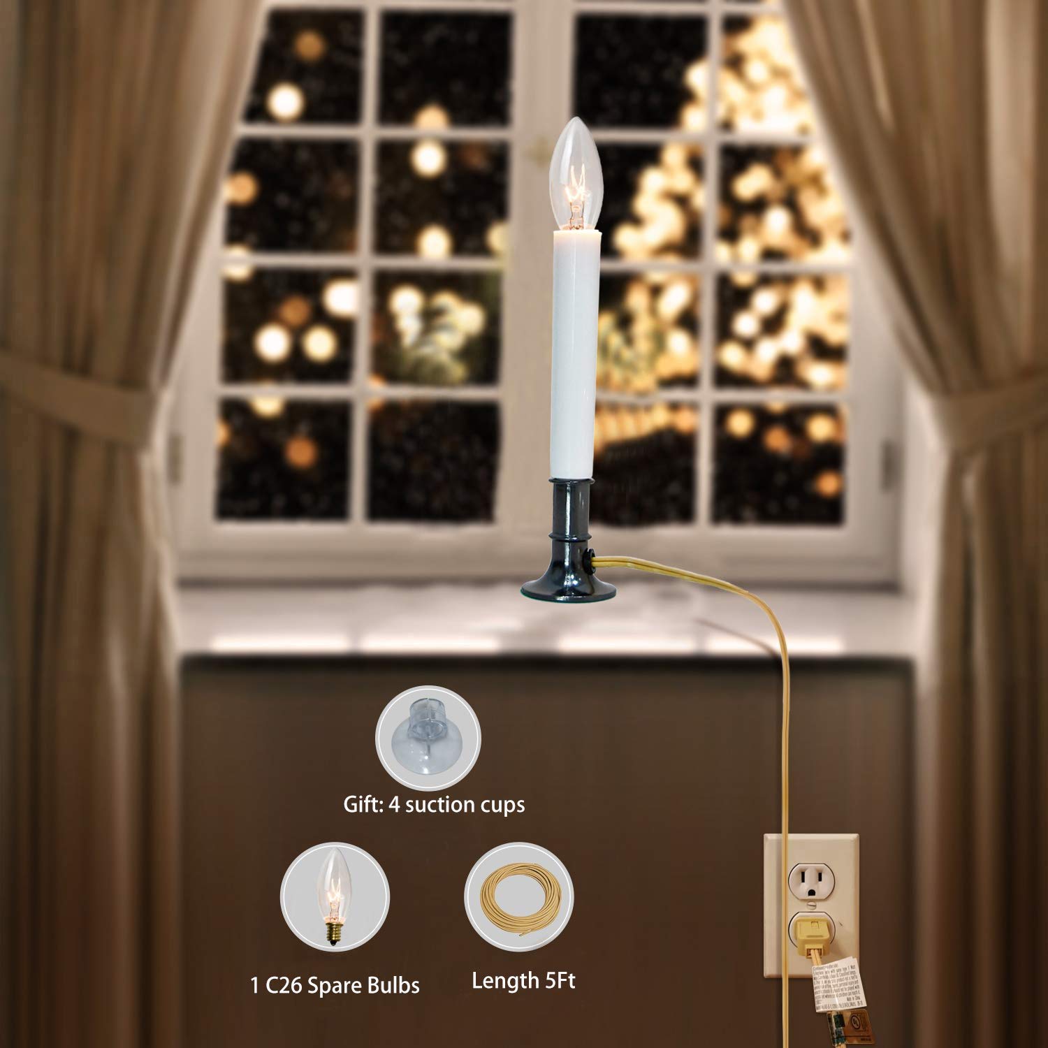 GOOTHY Electric Window Candles Lights - 4 Pack Nickel Plated Base Plug-in Christmas Decor with C26 Clear Bulbs & On/Off Switch - Perfect for Holiday Home Decor, Winter Windowsill Lighting & Festive Ambiance