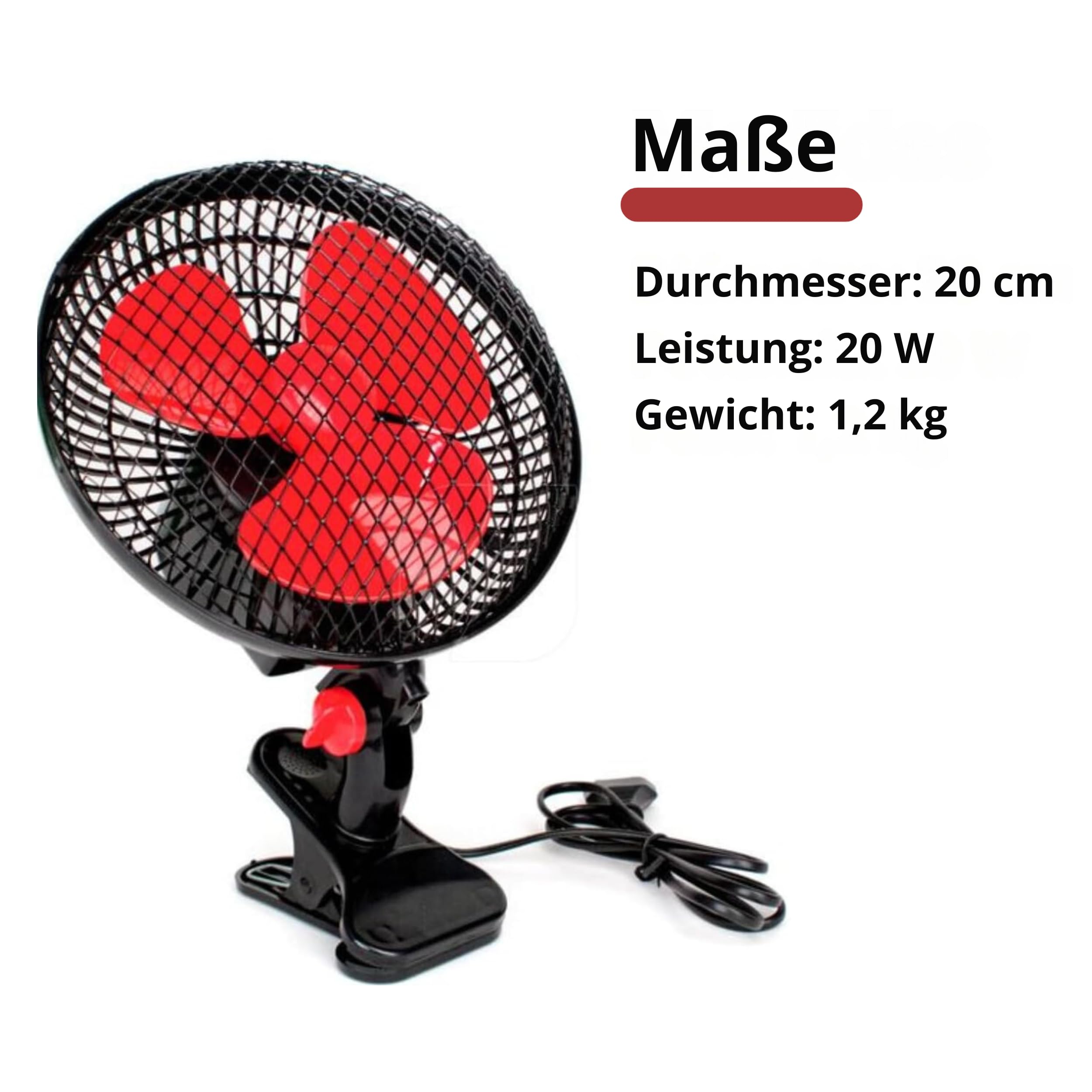 GROWMANIA 20cm Oscillating Fan - 2 Speed Settings, 20W Power, 360° Rotation, Ultra Quiet with 3 Red Blades (Black) - Perfect for Home, Office, and Indoor Cooling