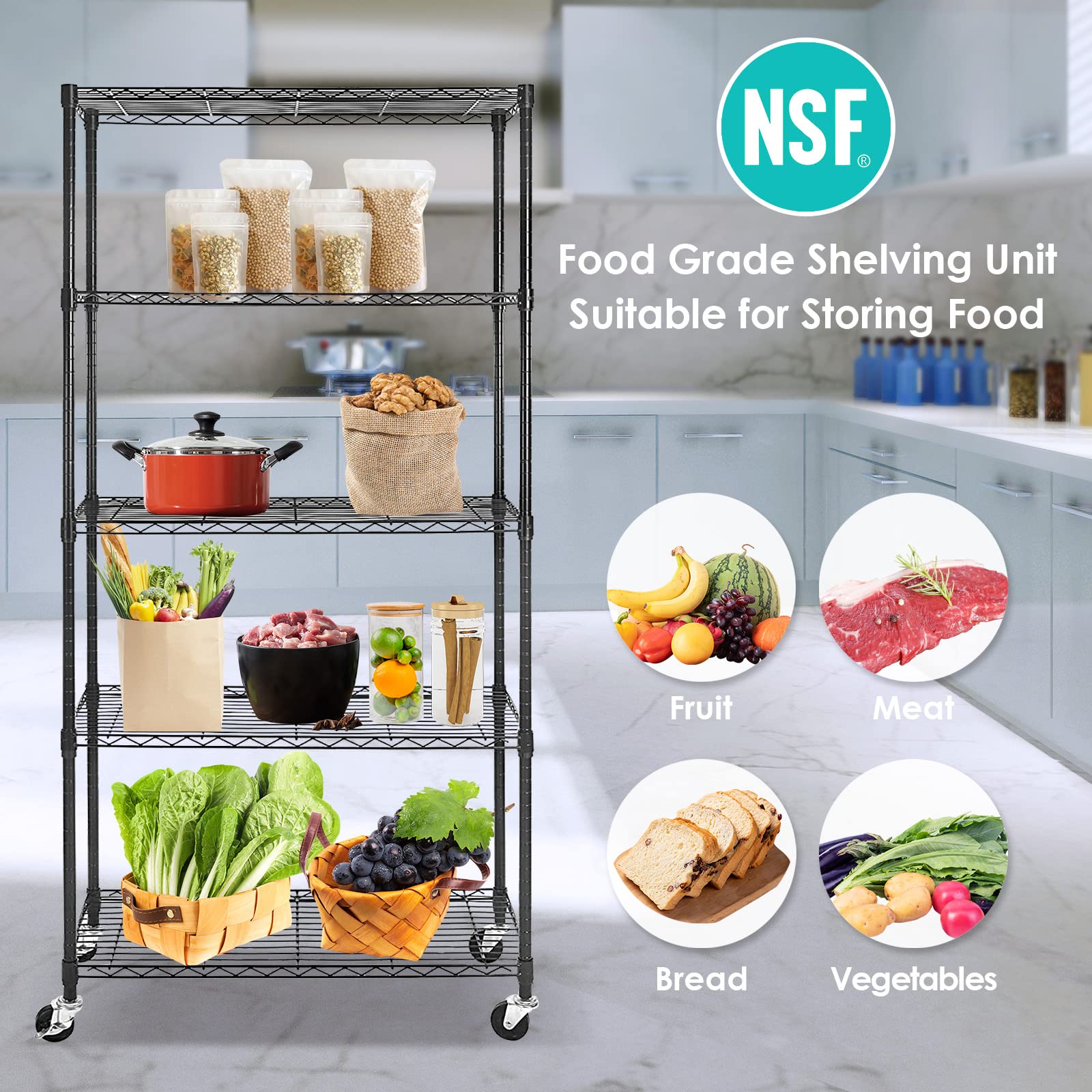 5-Tier Heavy Duty Adjustable Wire Shelving Unit with Locking Wheels - NSF Certified Metal Storage Rack for Kitchen, Pantry, Laundry, Garage & Office Organization - 17.7