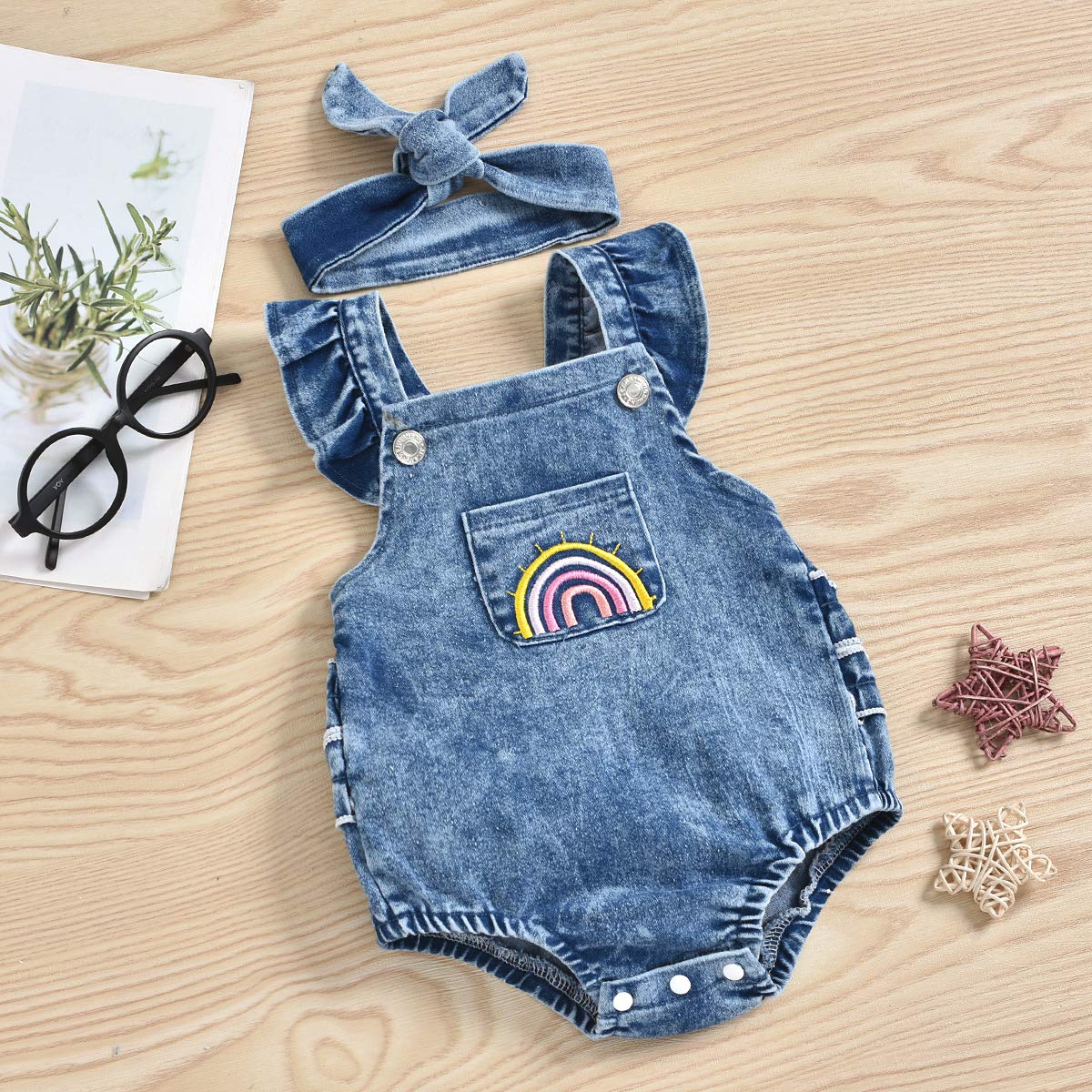 Mubineo Newborn Baby Girl Outfit Set - Rainbow Denim Romper, Bib & Headband | Adorable Infant Fashion for Photos, Parties & Everyday Wear
