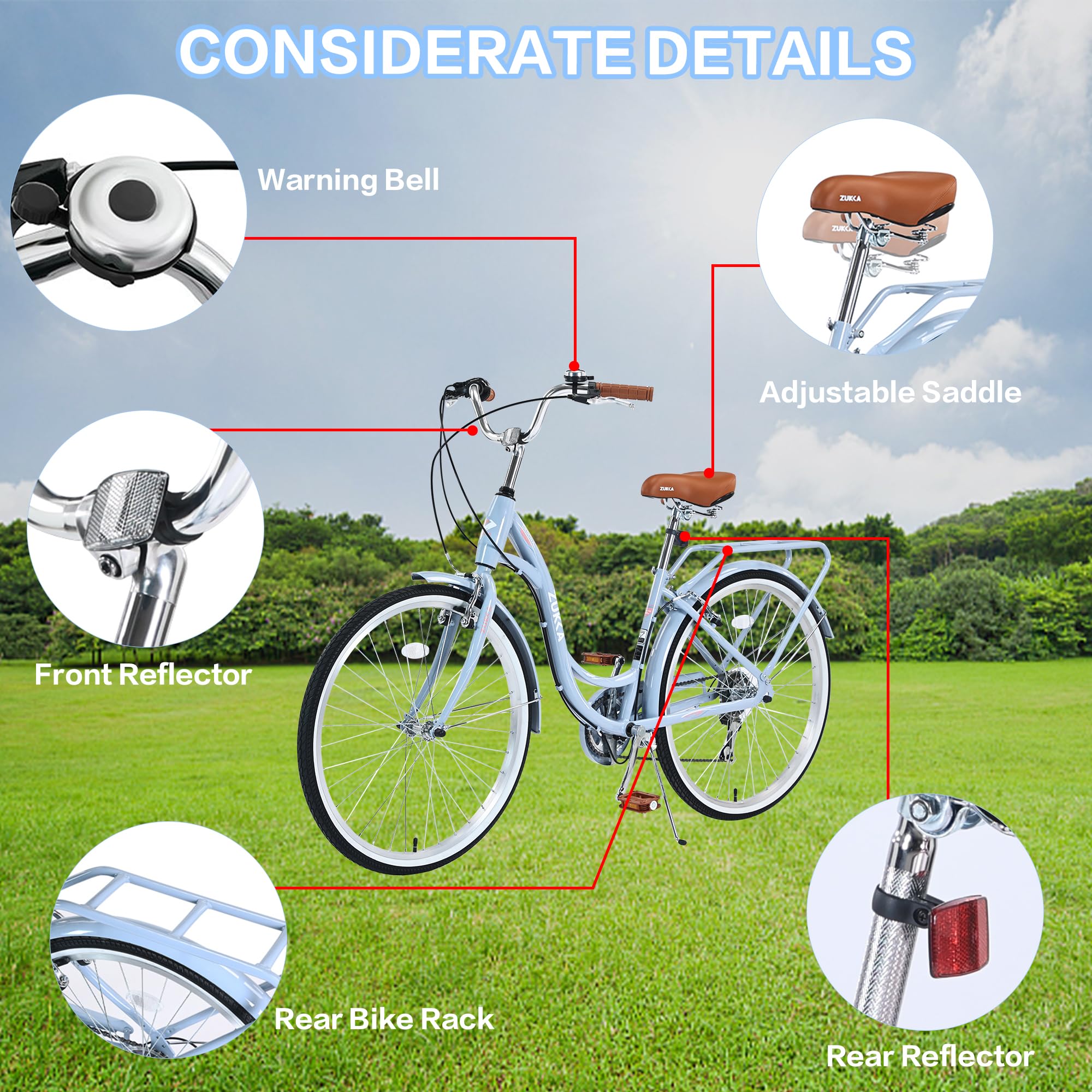 26 Inch Women's Beach Cruiser Bike - 7 Speed Commuter Bicycle with Adjustable Seat & Dual V-Brakes | Perfect for Coastal Rides, City Commuting & Leisure Cycling