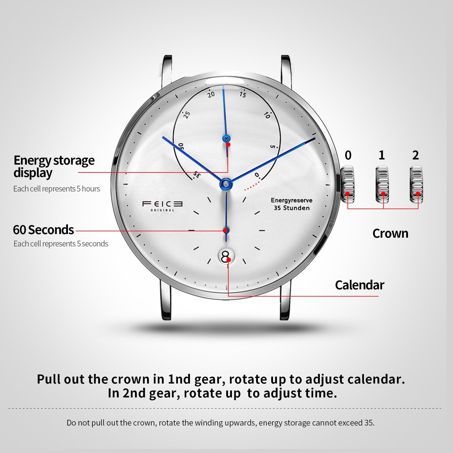 FEICE Bauhaus Automatic Watch for Men - Silver FM202 | Mechanical Analog Watch with Leather Strap & Domed Glass | Perfect for Business, Casual & Dress Occasions