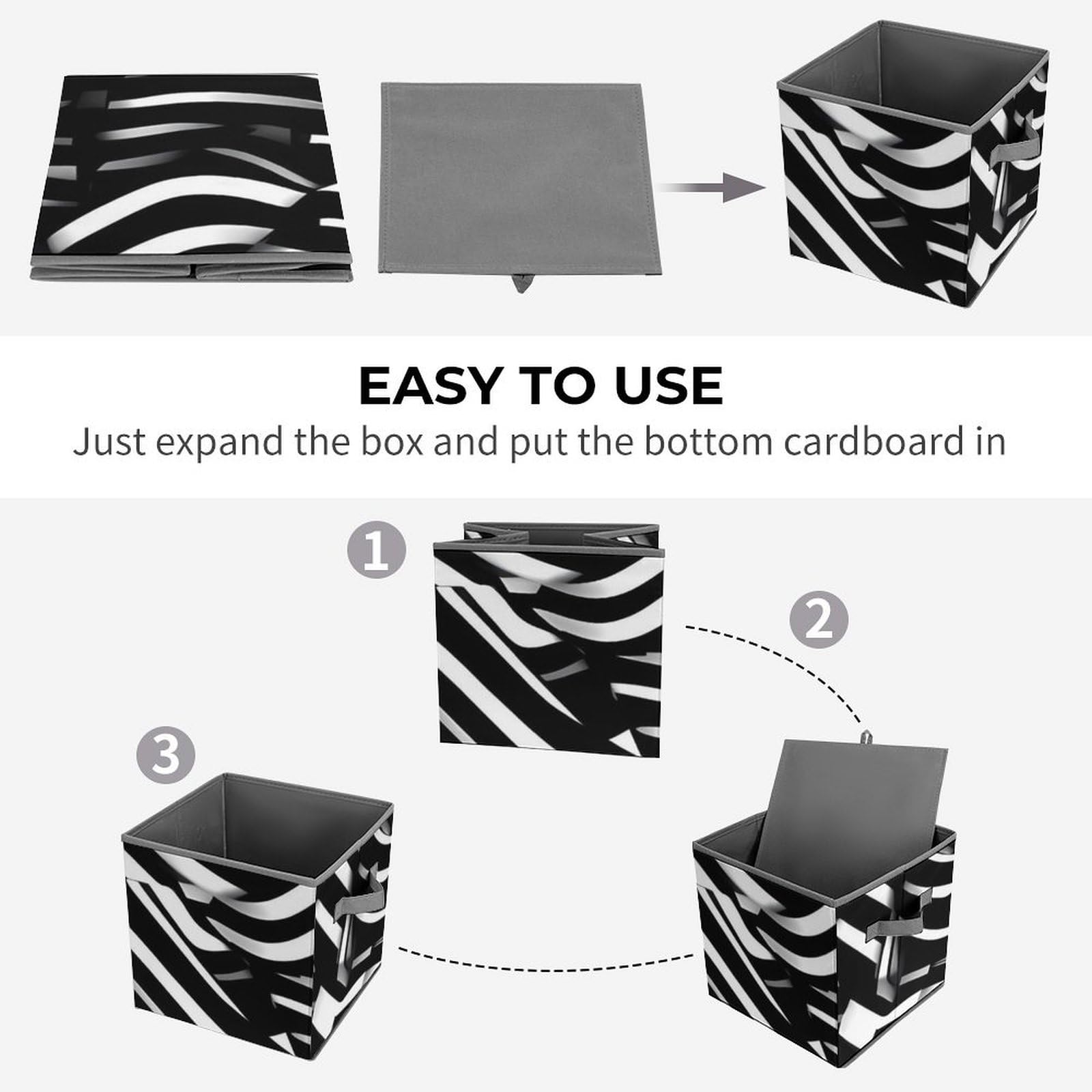 10.6 Inch Collapsible Storage Bins with Handles - Foldable Fabric Organizer Bins for Closet, Shelves, Office & Toy Storage - Space Saving Home Organization Solution (Black & White Striped) - Perfect for Bedroom, Kids Room, Pantry & Laundry Room Organization