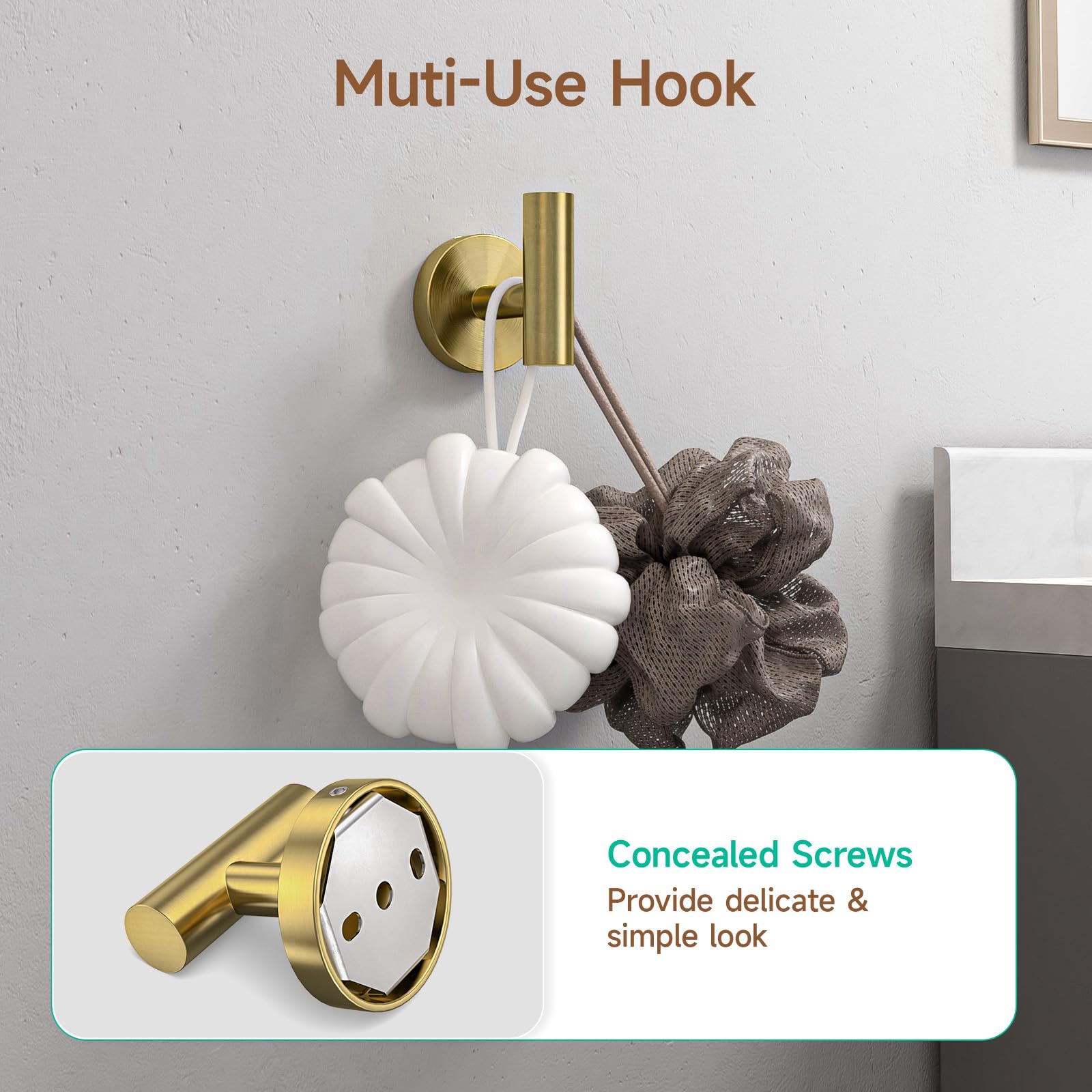 USHOWER Brushed Gold Bathroom Accessories Set - 24 Inch Stainless Steel Towel Bar & Wall Mounted Hardware (4-Piece) | Durable SUS304 for Bathroom & Shower | Modern Home Decor for Master Bath, Guest Bath & Spa Retreats
