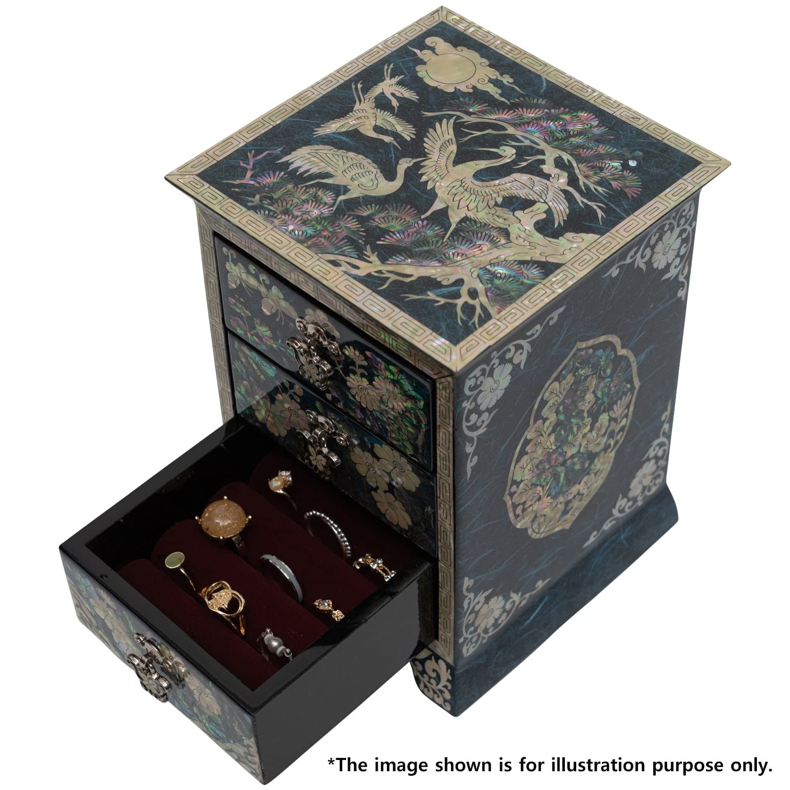 February Mountain Mother of Pearl Wooden Jewelry Box with 3 Drawers - Necklace, Earring, Bracelet & Ring Organizer (Blue) | Perfect for Bedroom, Vanity & Travel Jewelry Storage