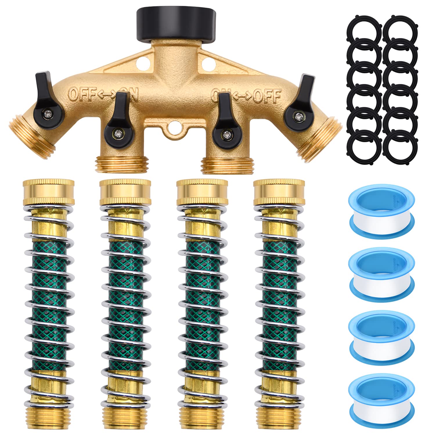 4-Way Garden Hose Splitter with Valves - Brass Spigot Adapter for Outdoor Watering