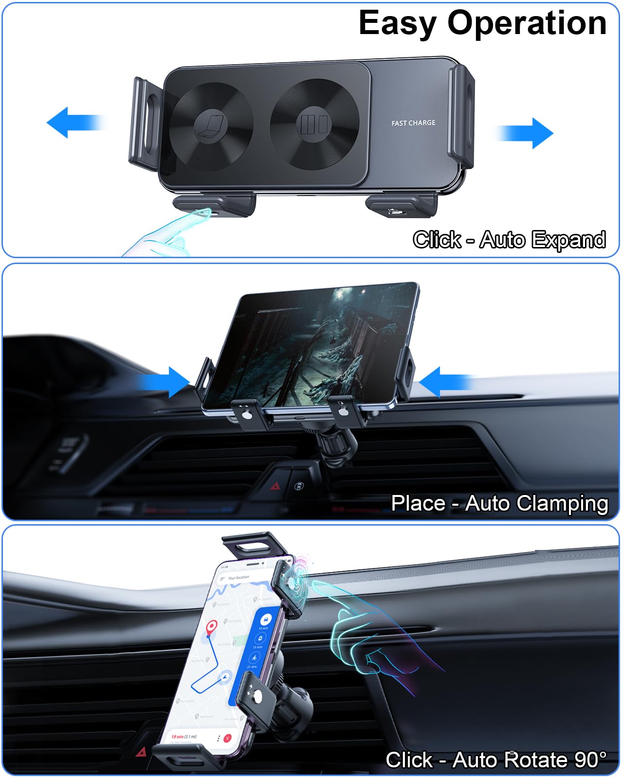 Wireless Car Charger for Samsung Z Fold 5/4/3/2 & Z Flip 5/4, iPhone 15/14/13, Google Pixel 8 Pro - Auto Clamping & Rotating Sensors, 7.5W-15W Fast Charging - Perfect for Commuting, Road Trips & Hands-Free Driving