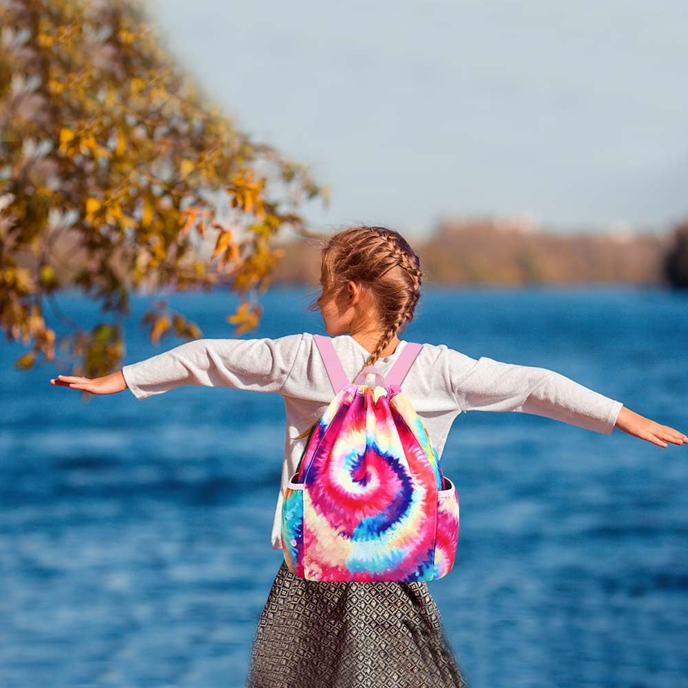 RHCPFOVR Kids Tie Dye Drawstring Backpack - Lightweight Mini Gym Bag for Girls, Dance, Beach, Swim & Travel with Dual Water Bottle Holders | Perfect for School, Sports & Outdoor Activities