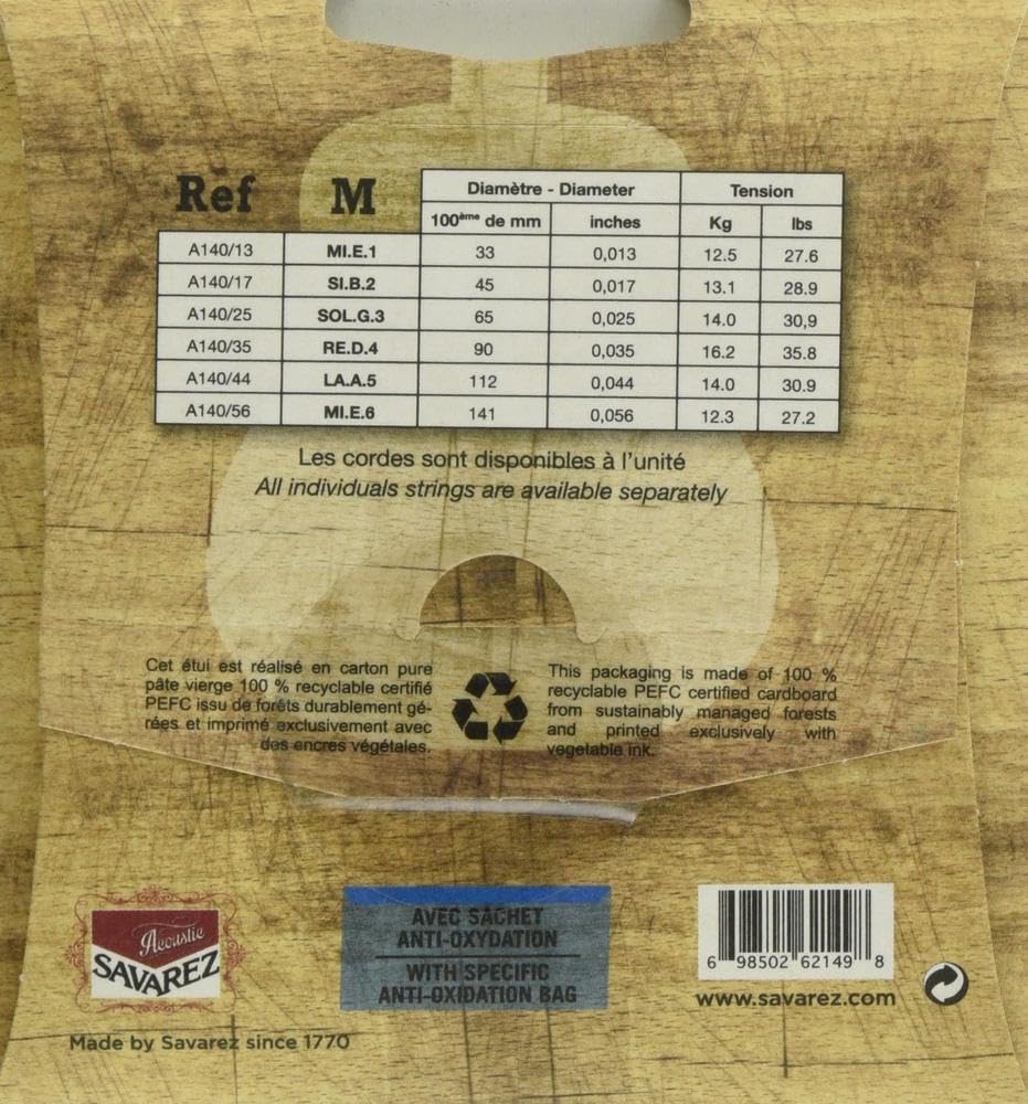Savarez A140M Medium Tension Classical Guitar Strings - Phosphor Bronze Acoustic Set (6 Strings, .013