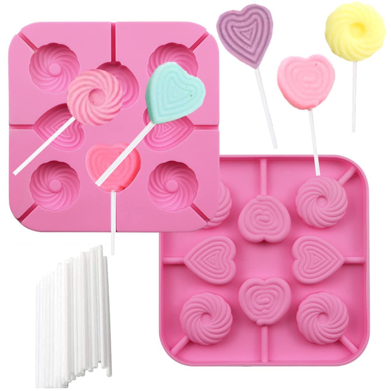 2Pcs Heart-Shaped Silicone Lollipop Molds - 8 Cavity Food Grade Chocolate & Hard Candy Molds with 40 Lollipop Sticks - Perfect for Valentine's Day, Birthday Parties, and DIY Candy Making