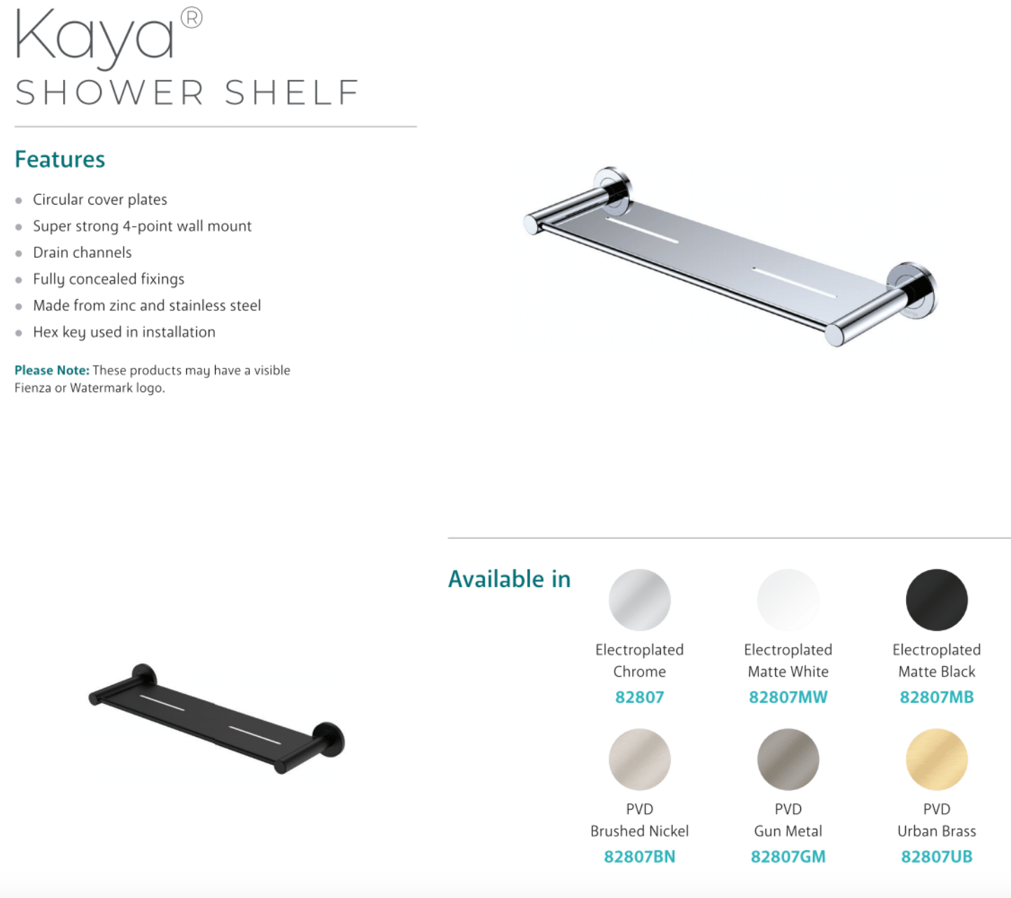 Fienza 82807MW Kaya Shower Shelf - Matte White Bathroom Organizer for Shampoo, Soap & Toiletries | Rustproof Wall-Mounted Storage for Showers & Bathrooms