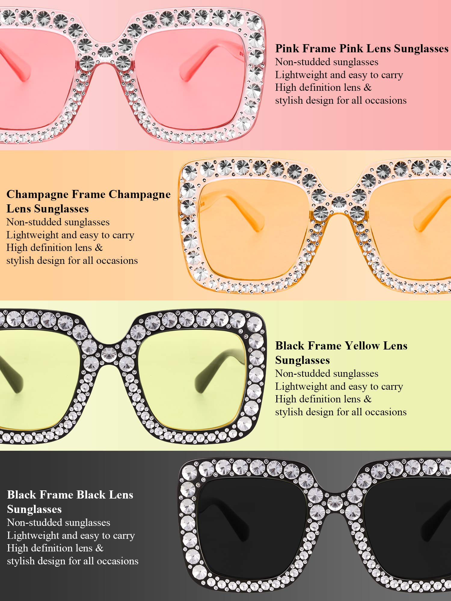 Frienda Oversize Square Glitter Sunglasses - Retro Thick Frame Sparkly Shades for Women (Light Gray/Clear Pink/Clear Tawny/Light Yellow) | Perfect for Beach, Pool Party & Summer Fashion Accessories