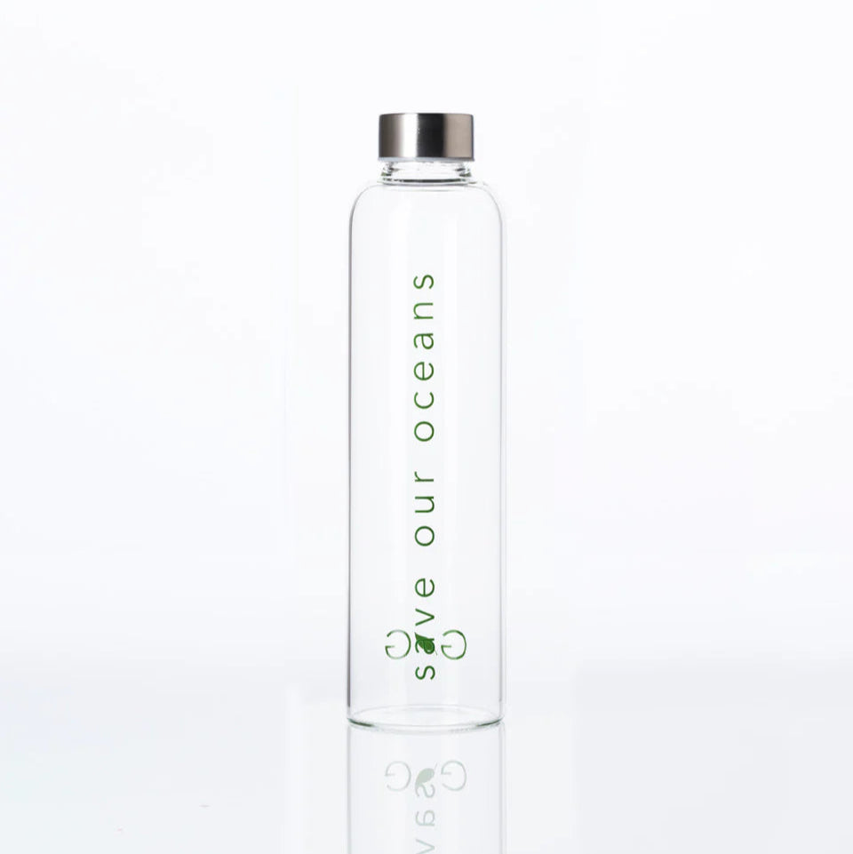 BBBYO 750ml Glass Water Bottle with Lid - Sea Print Design, BPA-Free, Leak-Proof, Reusable for Home, Office, Gym & Outdoor Activities