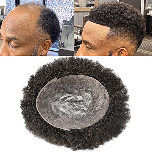 **Afro Curly Toupee for Black Men - 8x10 Full Poly Human Hair System - African American PU Injected Hairpiece - Durable Skin Kinky Curly Men's Wig (Afro Wavy 6mm, #1B Natural Black/Off Black) - Perfect for Daily Wear, Cosplay & Hair Replacement**