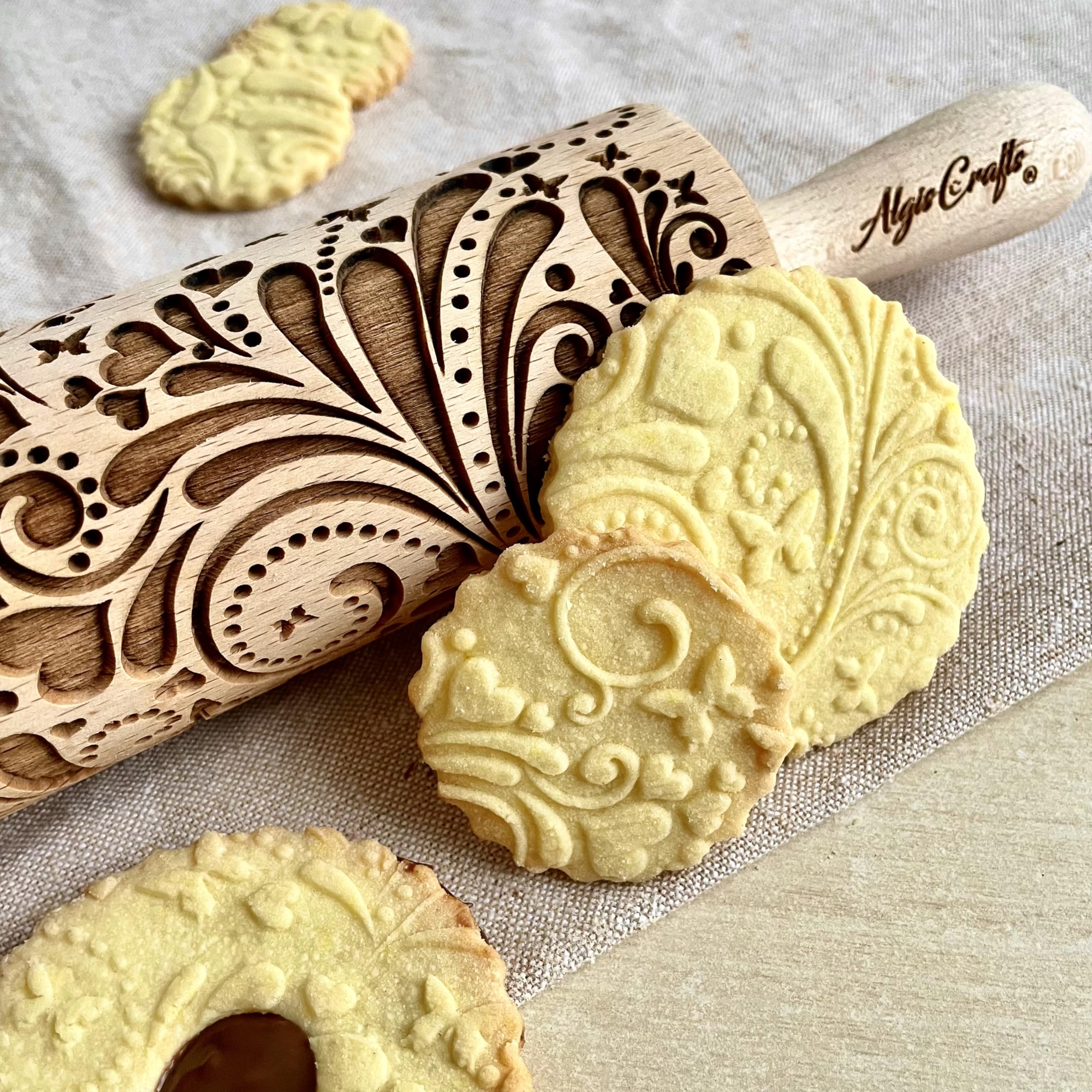 Wooden Spring Rolling Pin with Butterfly & Flower Embossing - Handmade Cookie Dough Press for Baking, DIY Pastry Decorating - Perfect Gift for Mother's Day, Weddings & Holiday Cookie Making