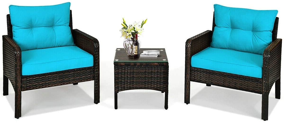 Rainfally 3-Piece All-Weather Wicker Patio Furniture Set with Cushions & Coffee Table - Outdoor Rattan Sofa Conversation Set for Garden, Lawn, Poolside, Backyard (Turquoise) - Perfect for Relaxing, Entertaining & Lounging in Your Outdoor Space