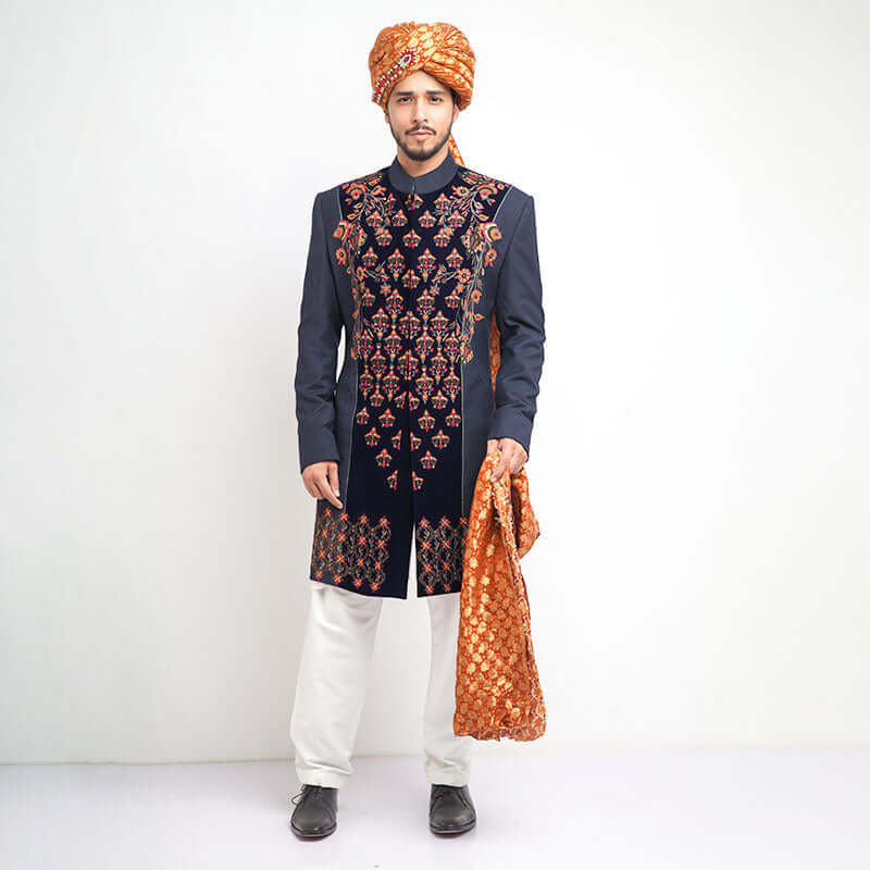 Elegant Black Velvet Sherwani for Men - Slim Fit Indian Wedding Suit | Perfect for Grooms, Gala Events & Cultural Celebrations