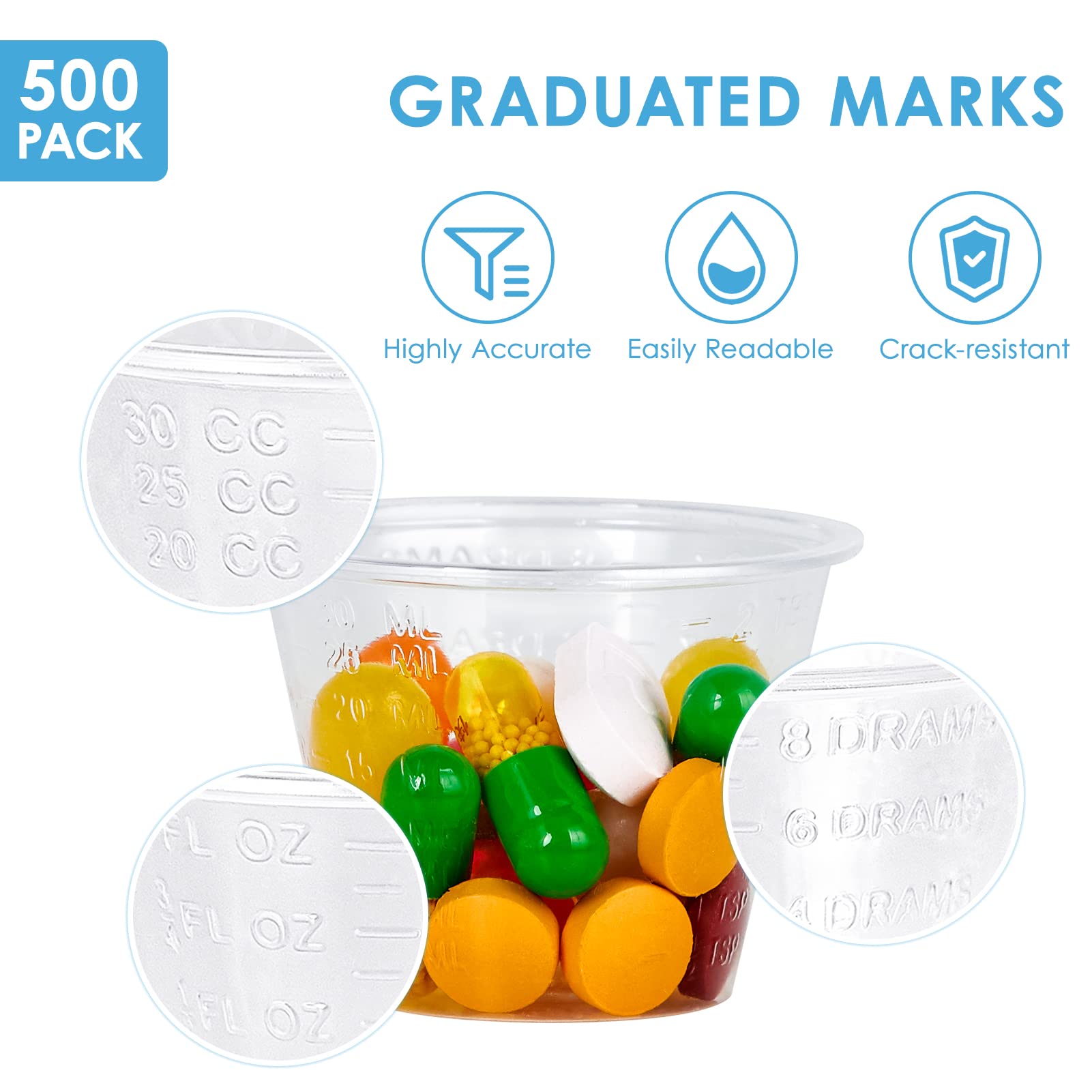 500 Pack 1oz Disposable Plastic Medicine Cups - Medical Measuring Cups for Liquid Medication, Epoxy Resin Mixing, DIY Crafts & Paint - Perfect for Hospitals, Pharmacies, Art Studios & Home Projects