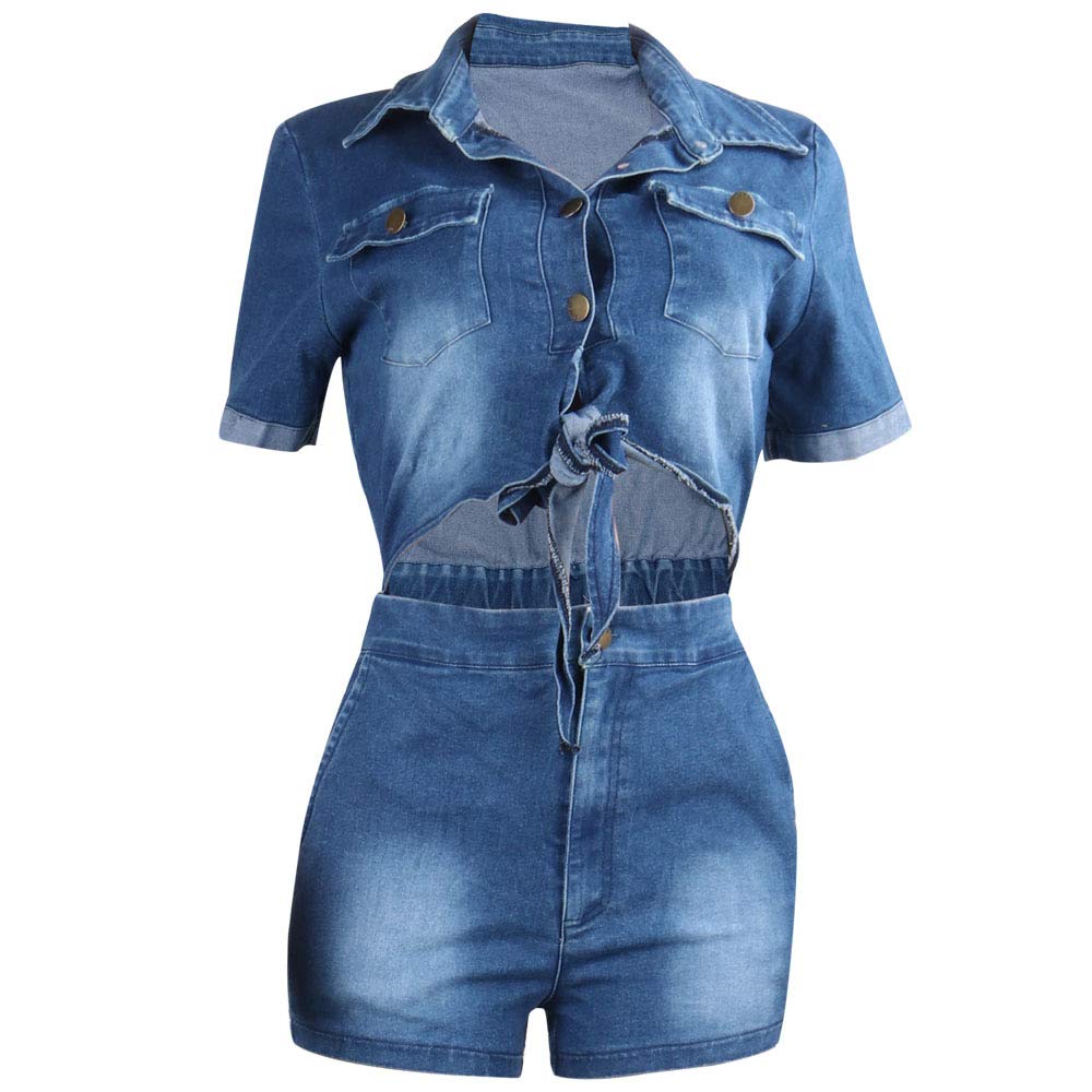 HotGirl Women's Denim Shorts Jumpsuit - High Waisted Stretchy Short Sleeve Romper | Casual Summer Outfit, Beach Party, Streetwear Fashion
