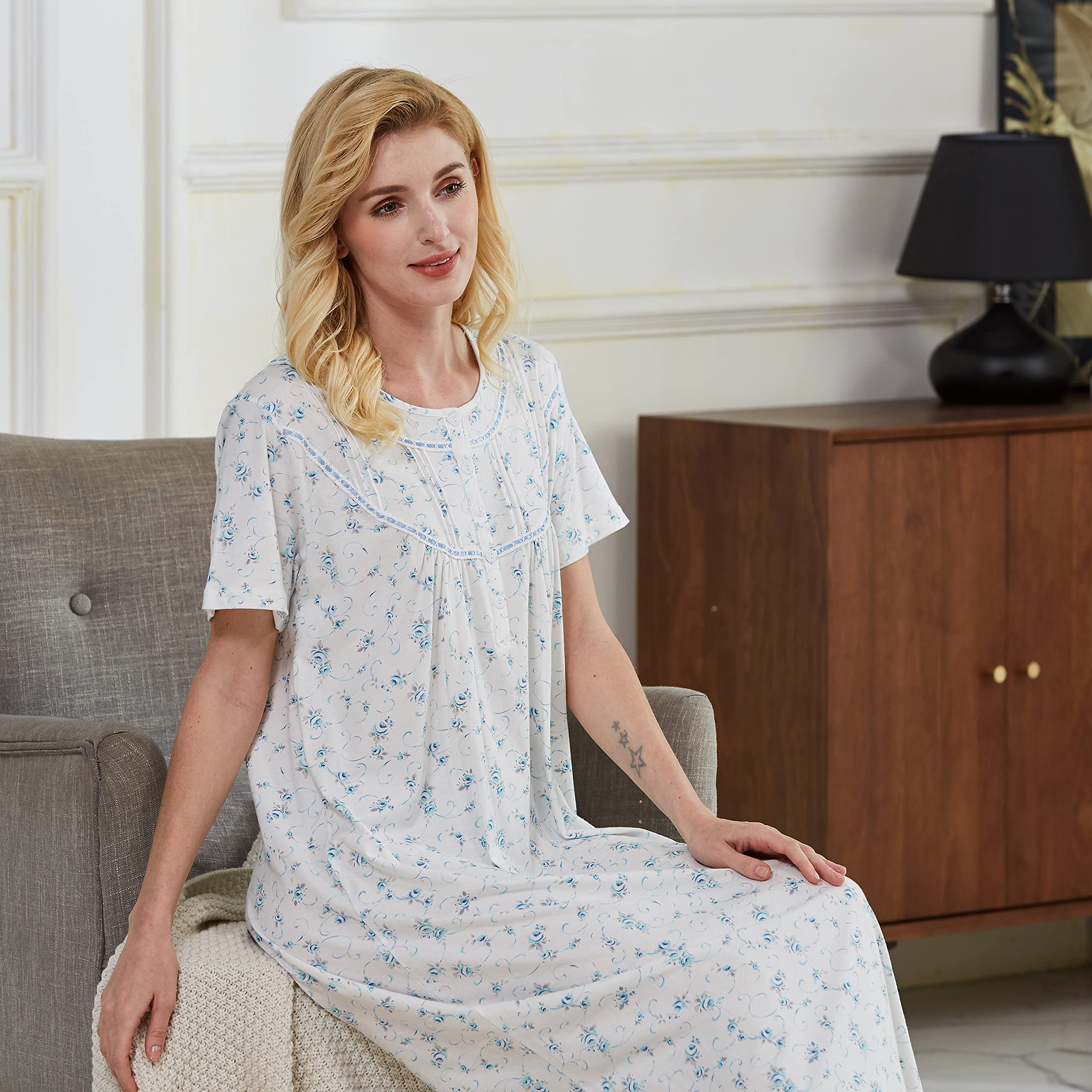Keyocean Women's 100% Cotton Short Sleeve Nightgown - Soft & Lightweight Sleepwear for Women, Perfect for Summer Nights & Lounge Wear at Home